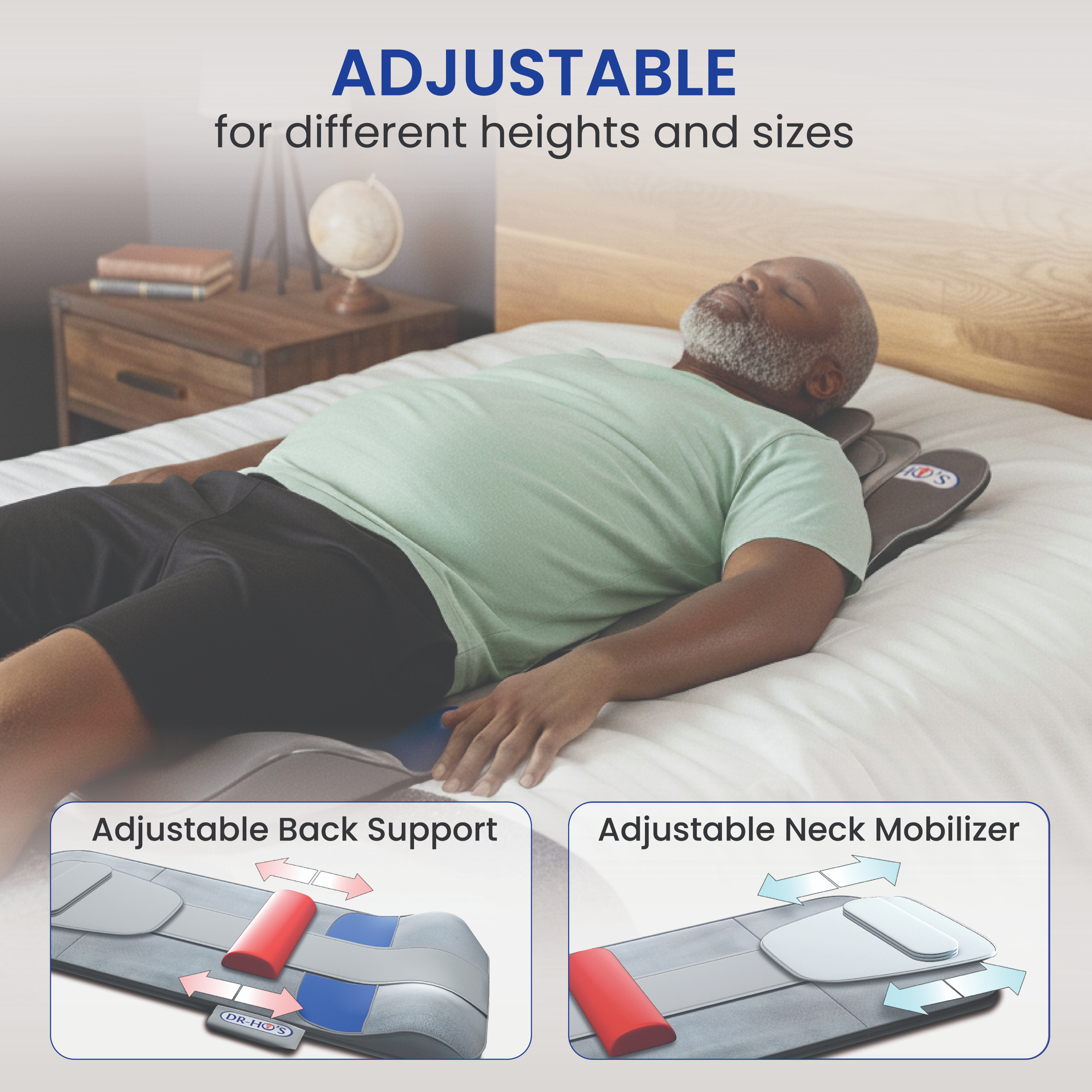 Man lying on adjustable back and neck support mat on bed.