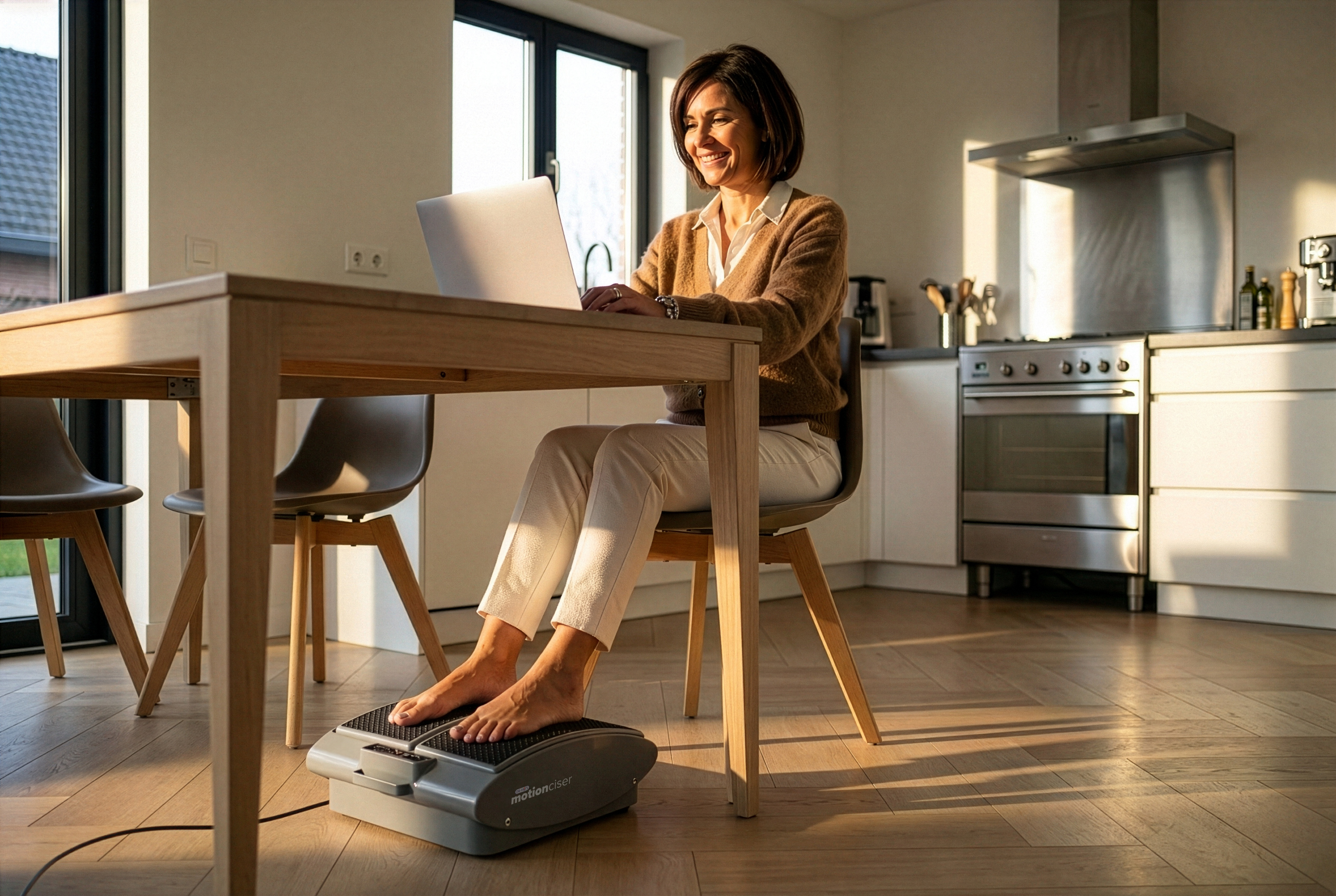 Woman sitting at a table using a foot exerciser and laptop.
