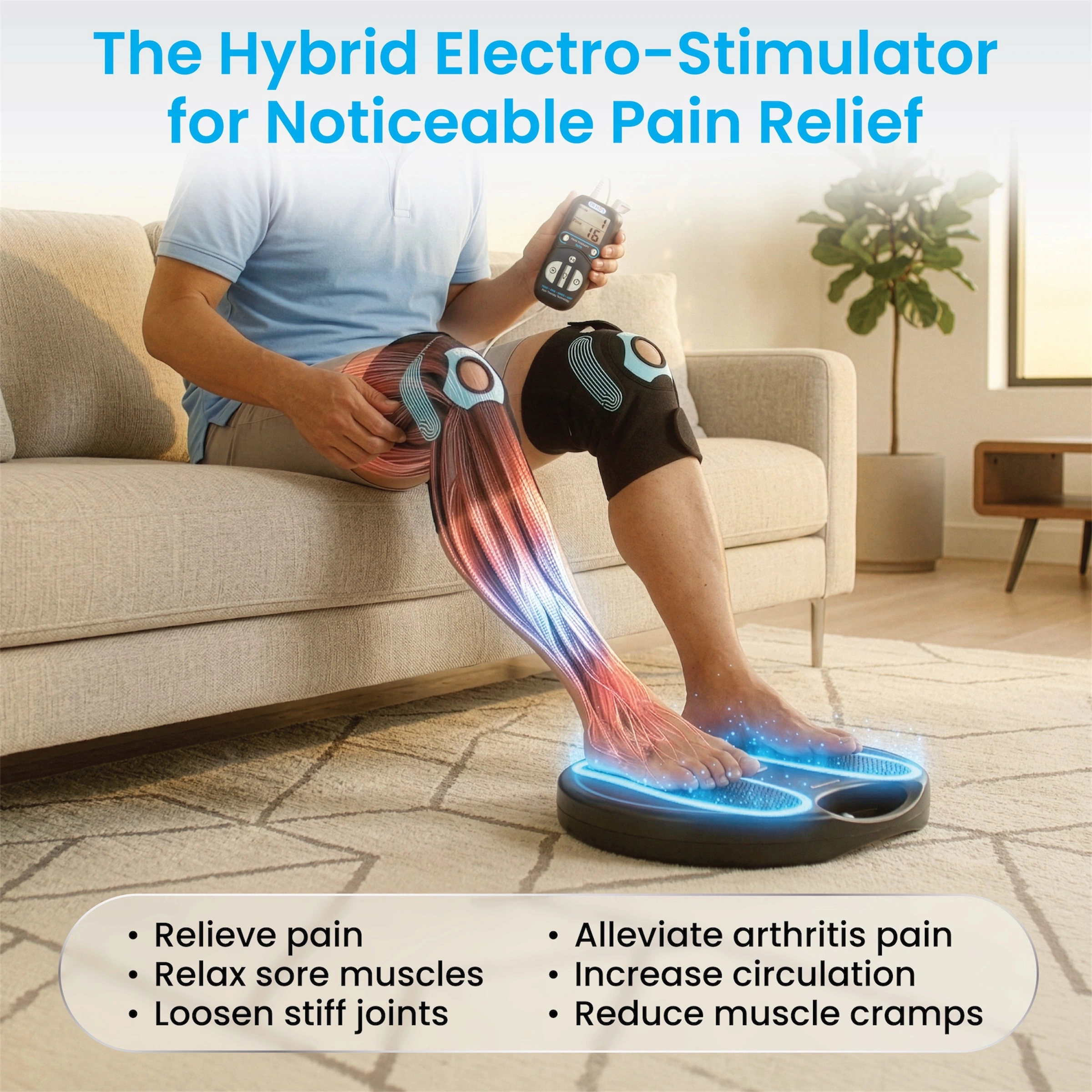 A person on a couch using a hybrid electro-stimulator on their legs and feet for pain relief.