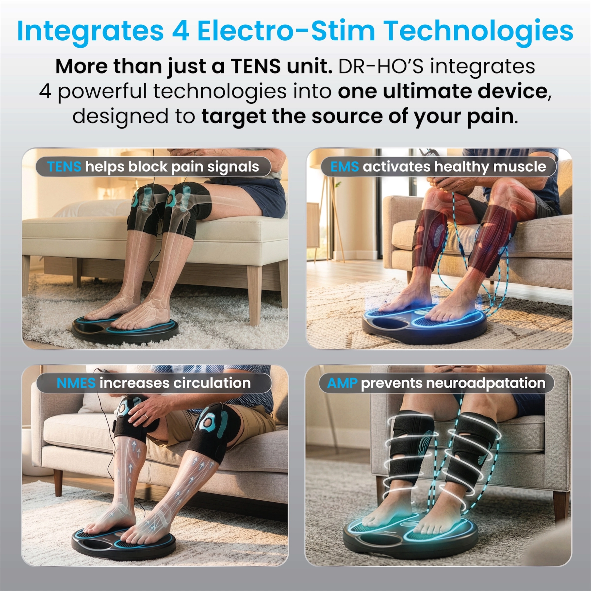 Infographic with four panels showing a person using an electro-stimulation device on their feet and legs.