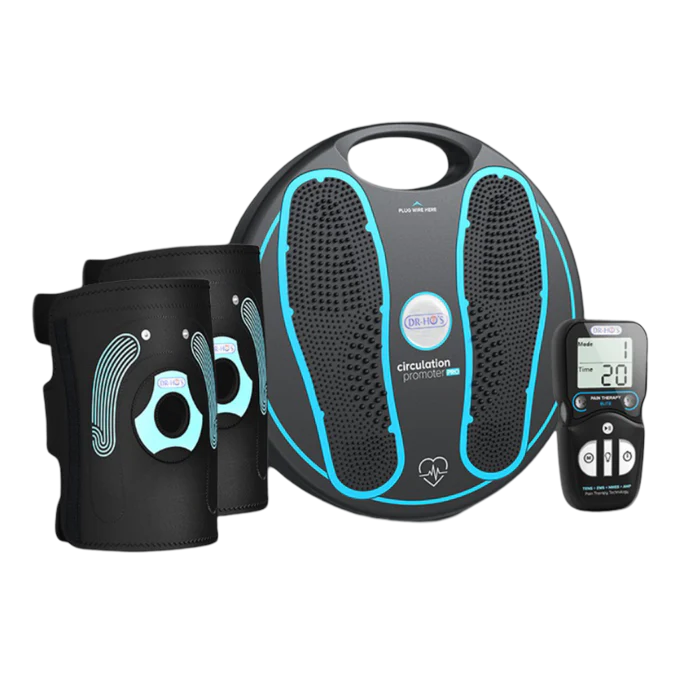 Foot massager, knee wraps, and handheld controller for circulation and pain relief device.