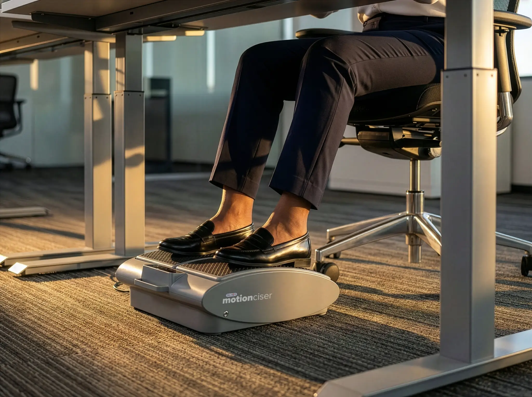 A person in an office sits at a desk with their feet on a MotionCiser machine.