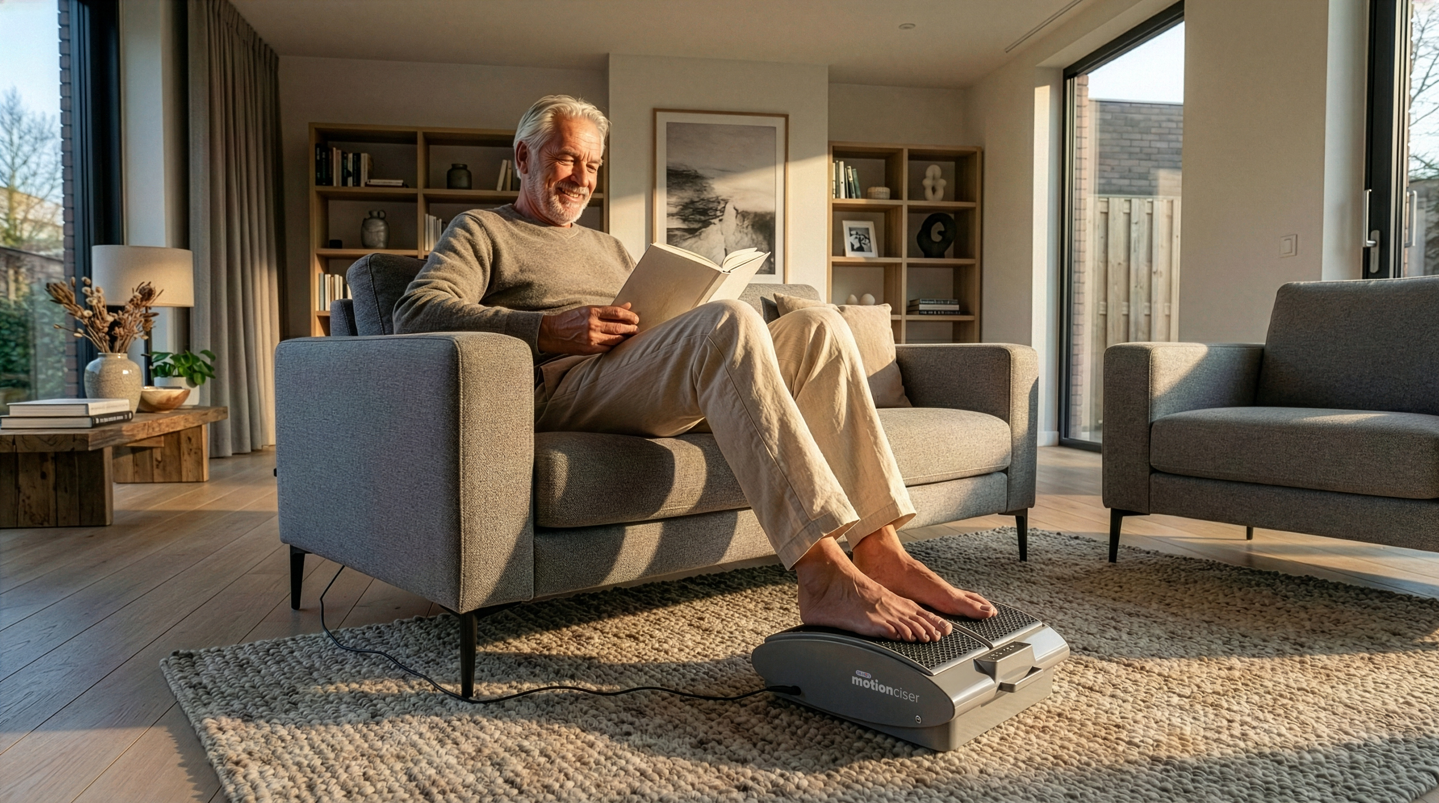 Man reading on a sofa, using a foot exerciser.