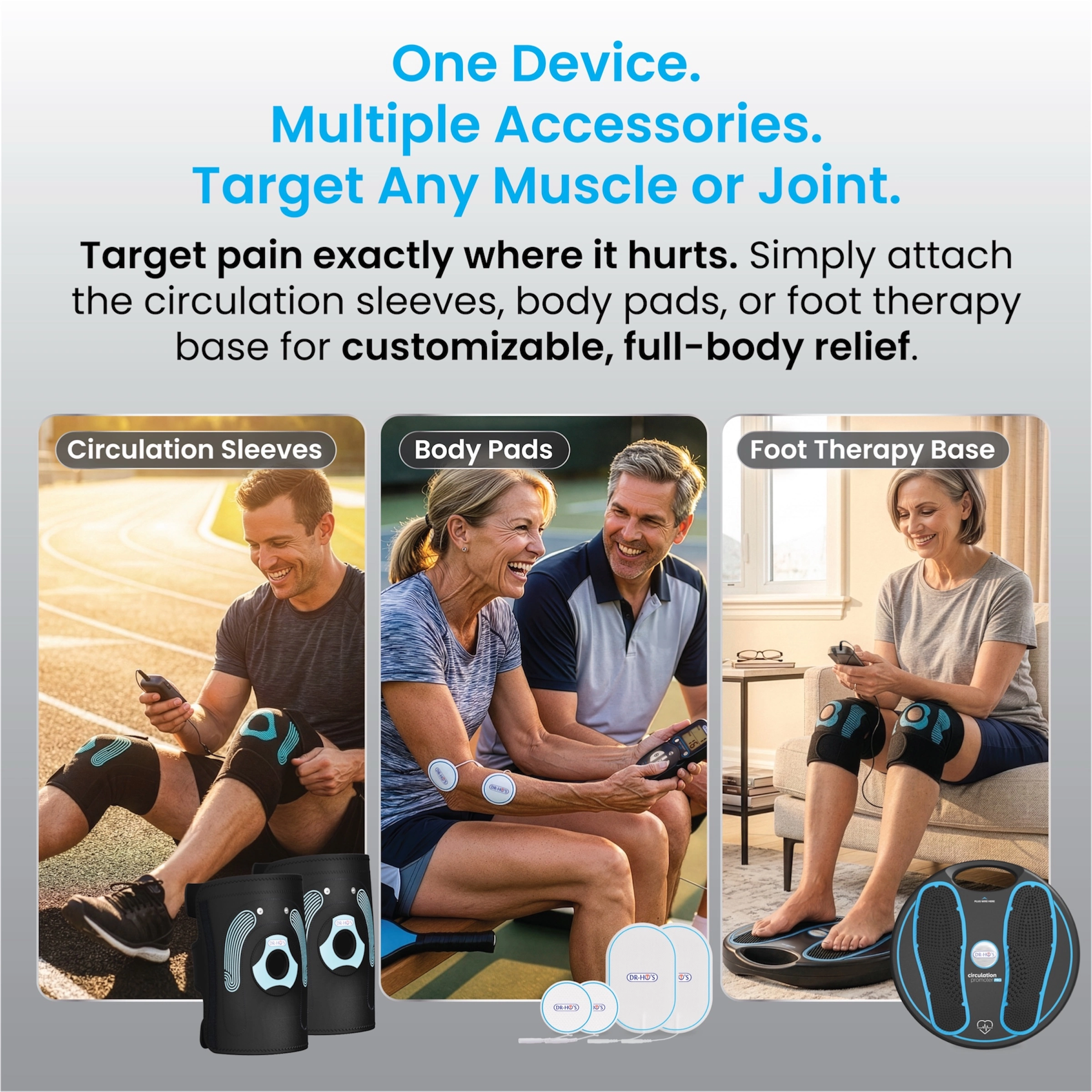 An advertisement showing people using a pain relief device with circulation sleeves, body pads, and a foot therapy base.