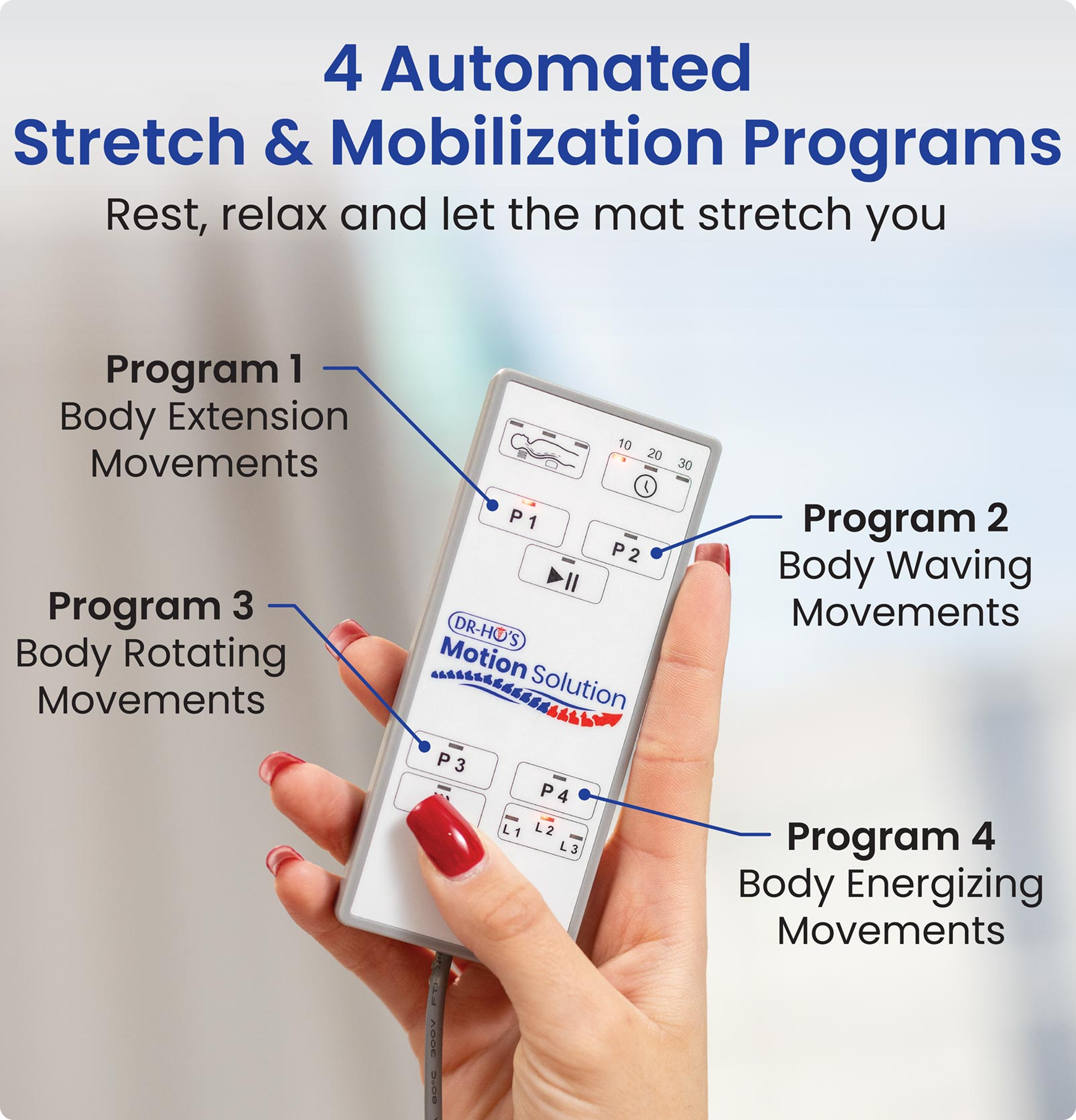 Hand holding a remote control for automated stretch programs.