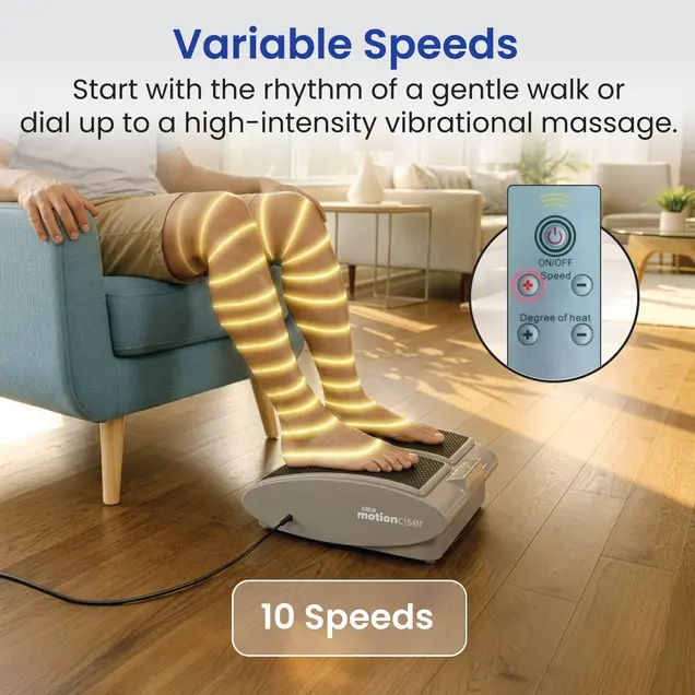 A person sits in a chair using a 'motionciser' vibrating foot and leg machine with a remote.