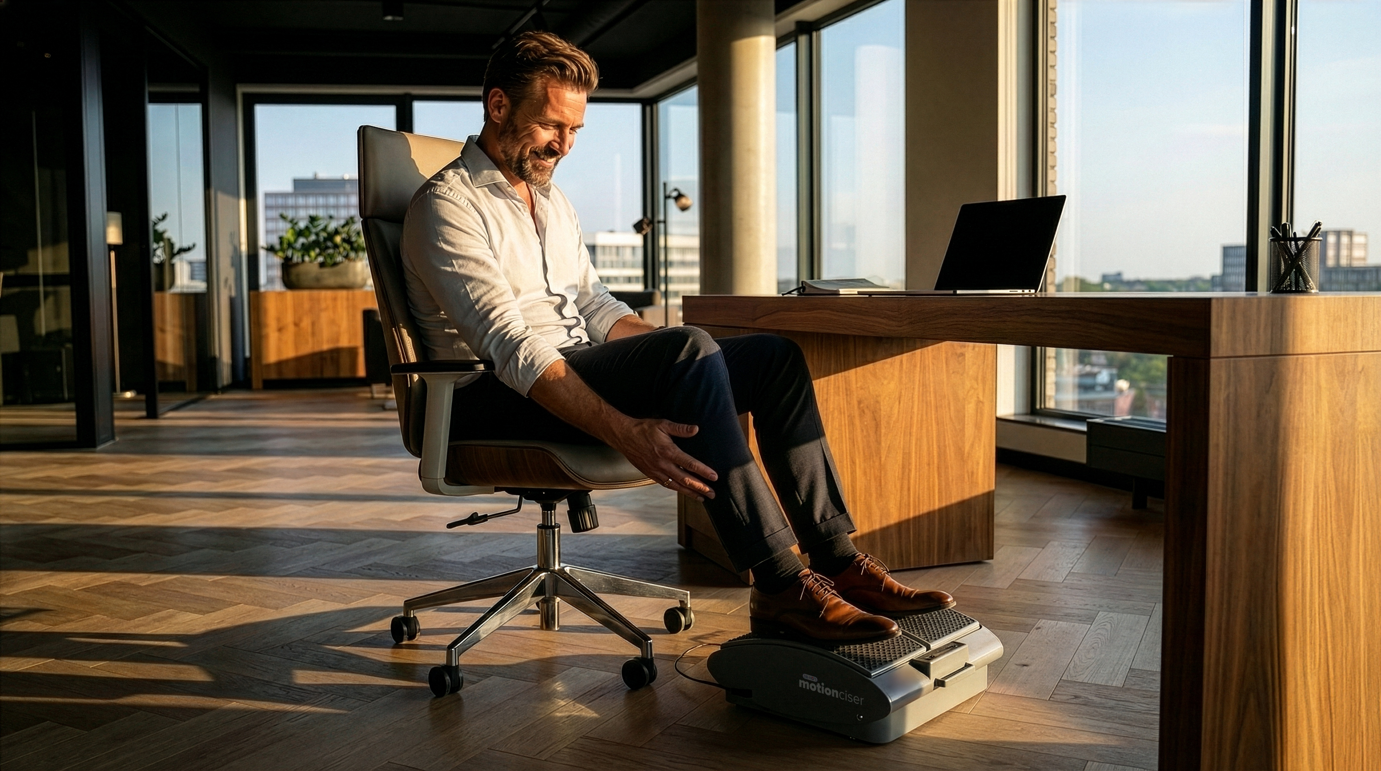 Man sitting at a desk using a foot exerciser.
