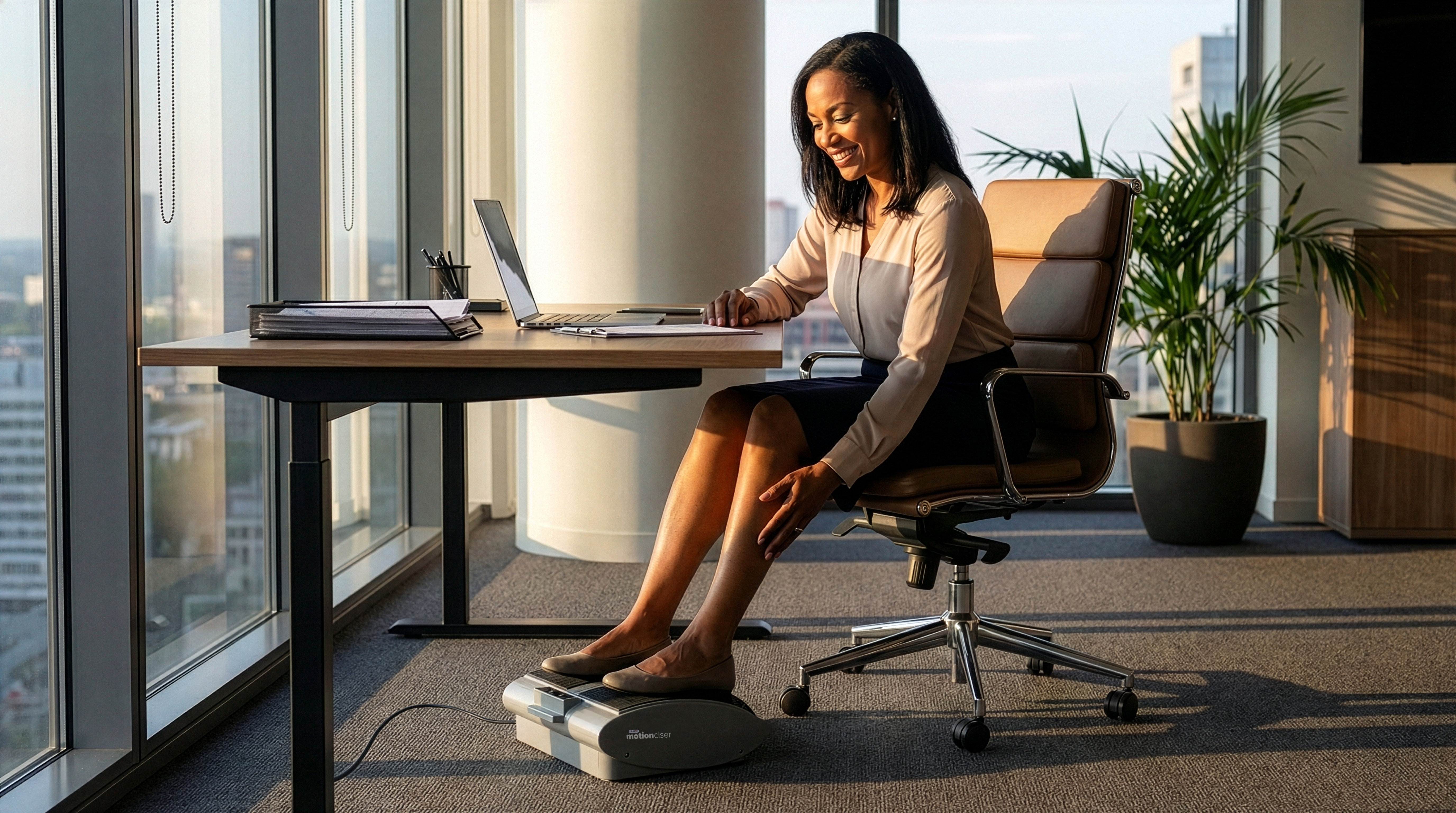 Woman sitting at desk using a foot exerciser in a sunlit office.