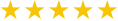 Five gold stars in a row on a transparent background.