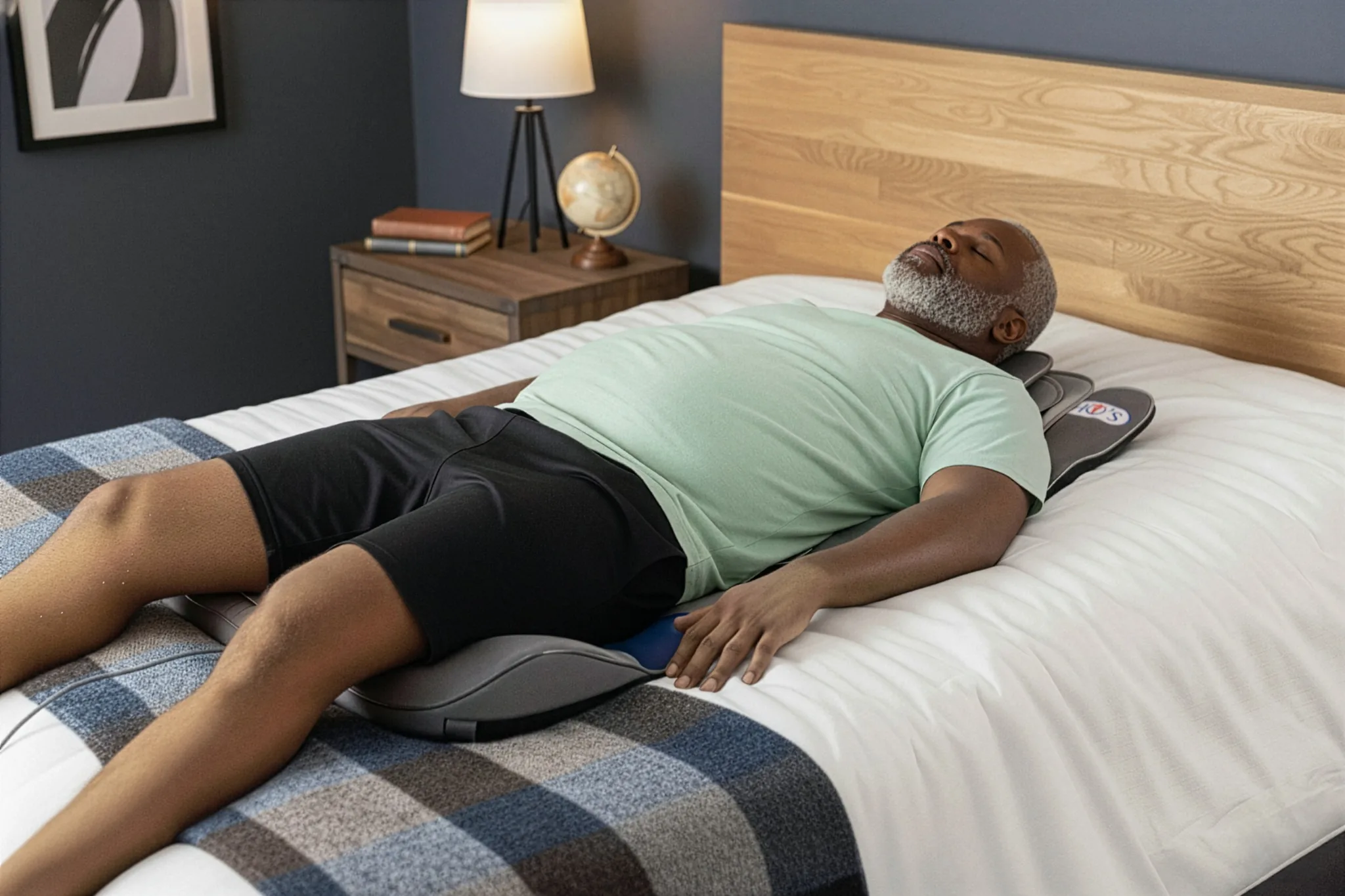 A man lies on a bed with his eyes closed, resting on a gray, full-body support cushion.