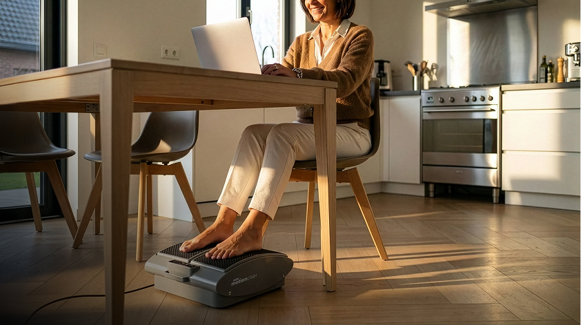 A woman works on a laptop at a table while using a foot motion device under it.