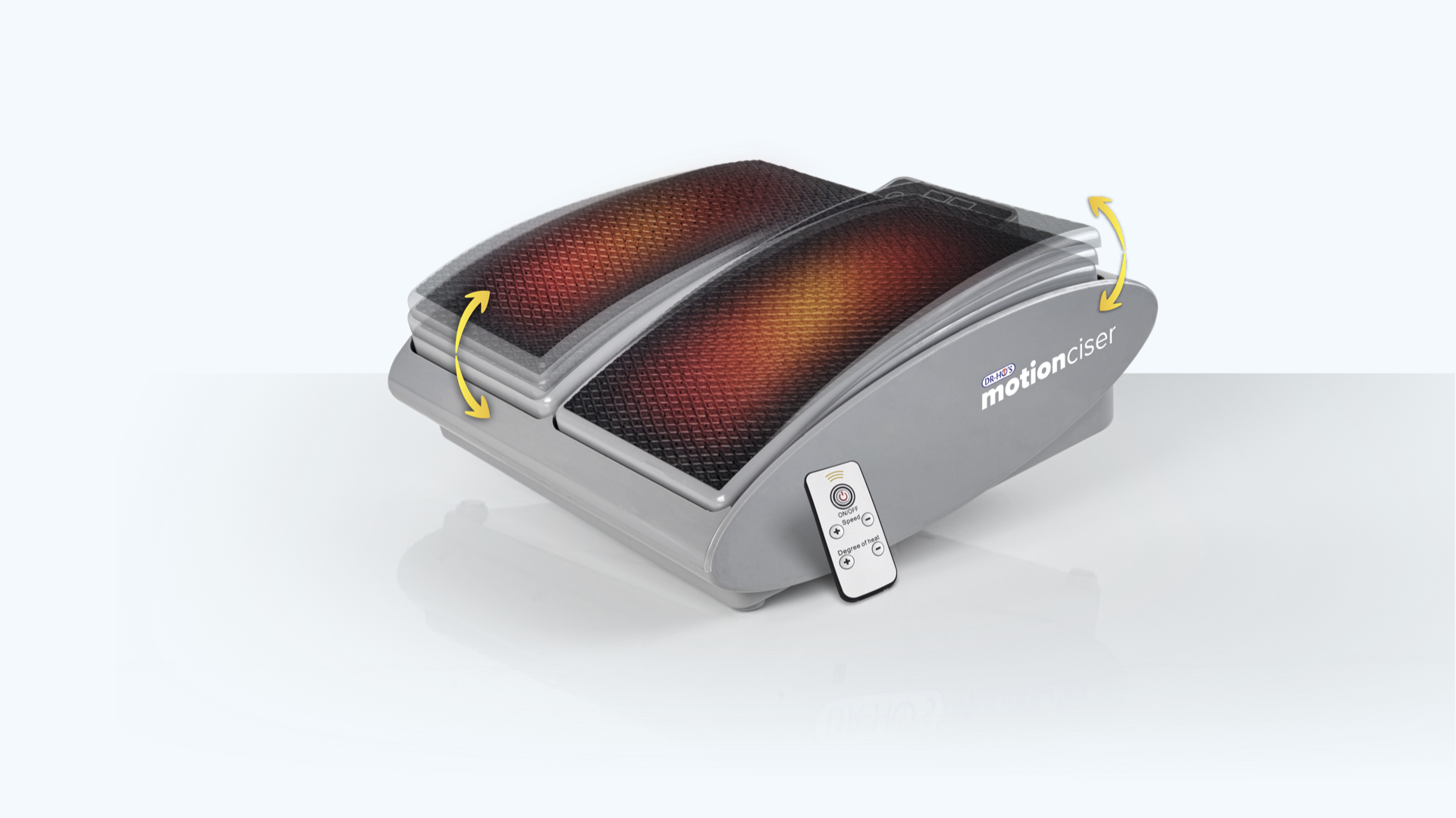 Foot massager with textured surface and remote control on a white background.