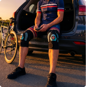 A cyclist wearing electronic knee braces sits on the back of a car next to their bicycle.