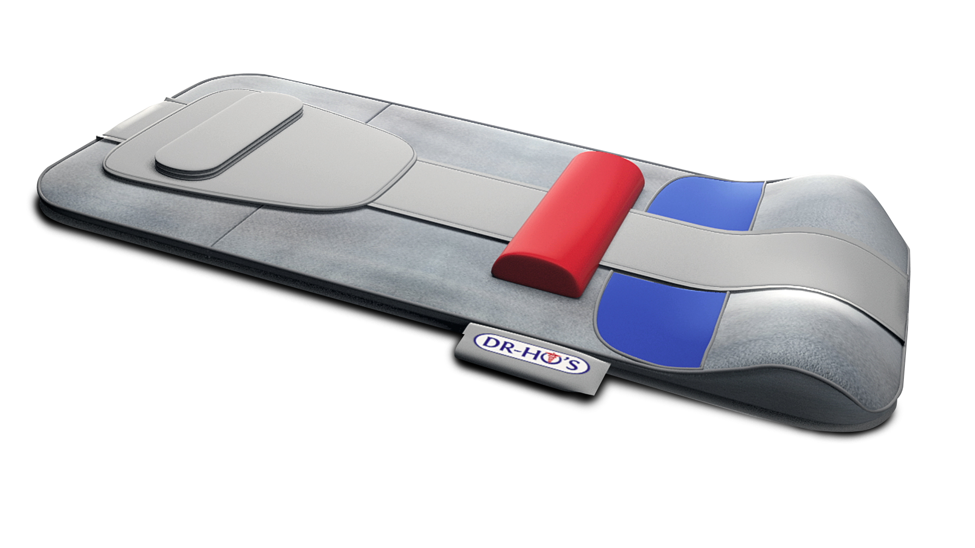 Ergonomic mat with red, blue, and gray sections, labeled 'DR-HO'S'.