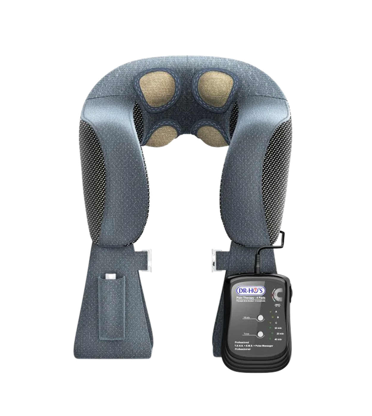Neck and shoulder massager with attached control unit.