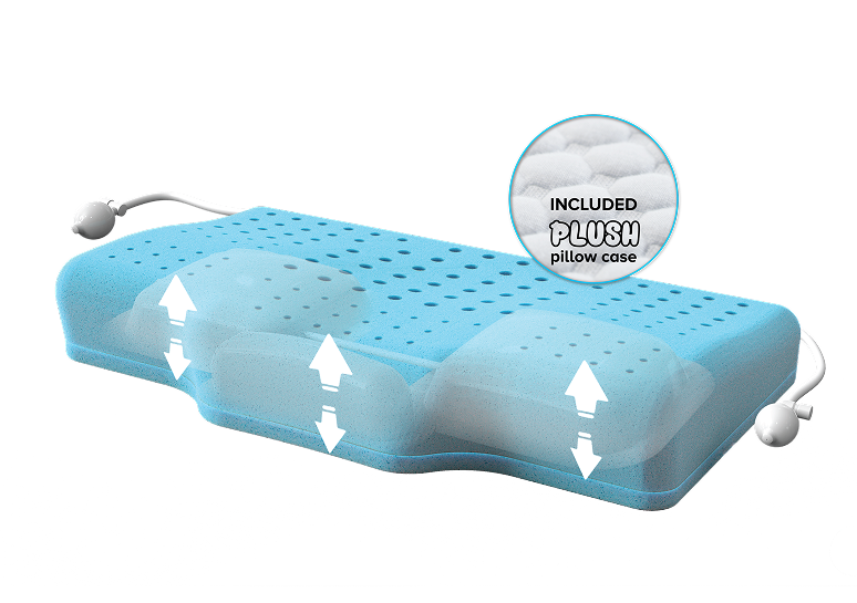 Blue ergonomic pillow with contour design and included plush pillowcase.