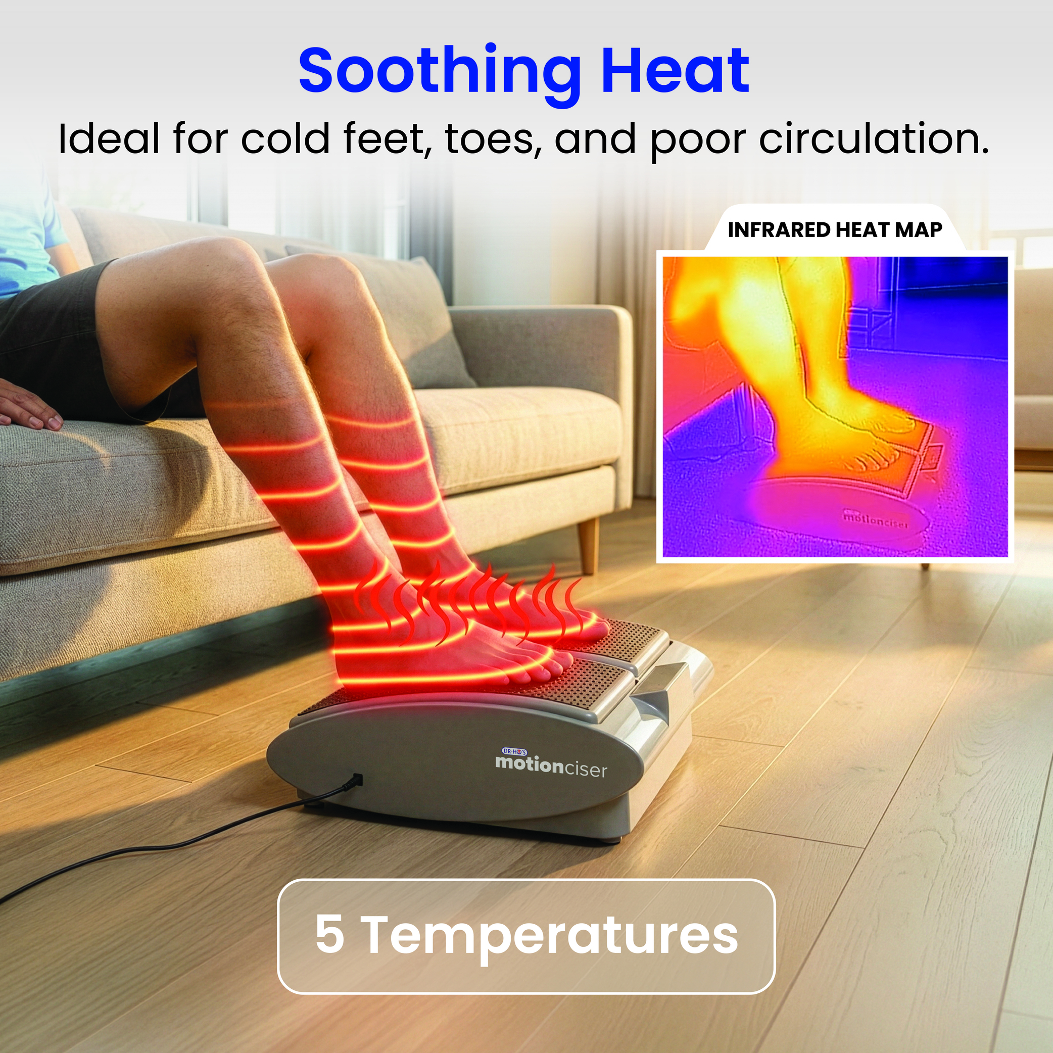 A person sits on a couch with their feet on a heated motionciser device, with heat graphics.
