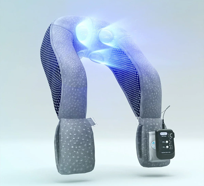 Gray neck massager with blue lights and control panel.