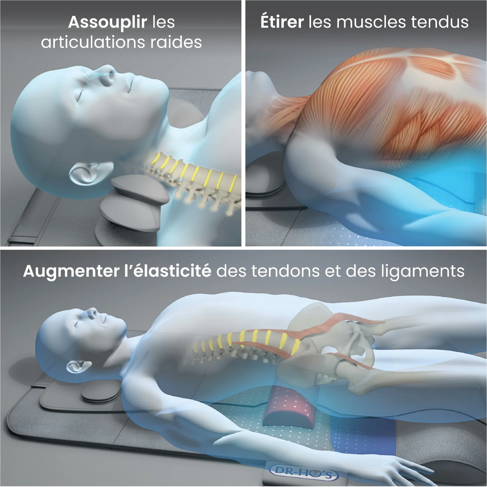 Three diagrams with French text show anatomical views of a person using a neck and back stretching device.
