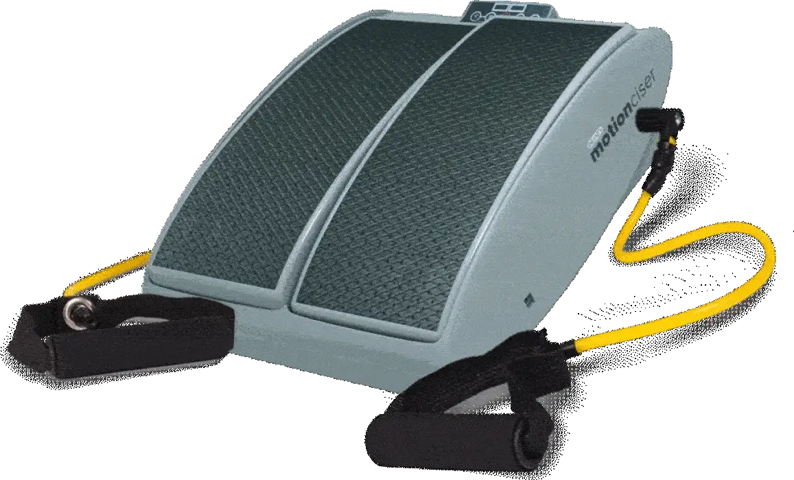 A compact exercise pedal machine with yellow resistance bands attached.