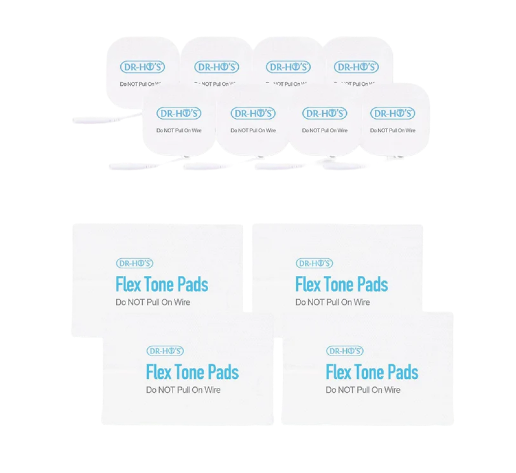 Square and rectangular adhesive pads labeled 'DR-HO'S Flex Tone Pads' on a black background.