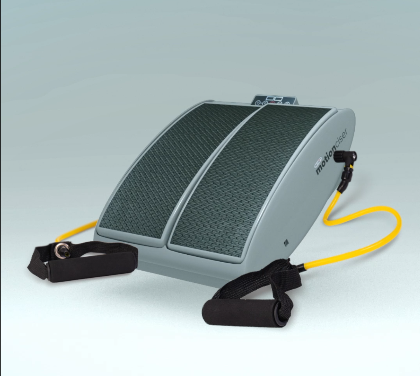 A grey exercise machine with two footplates and attached yellow resistance bands with black handles.