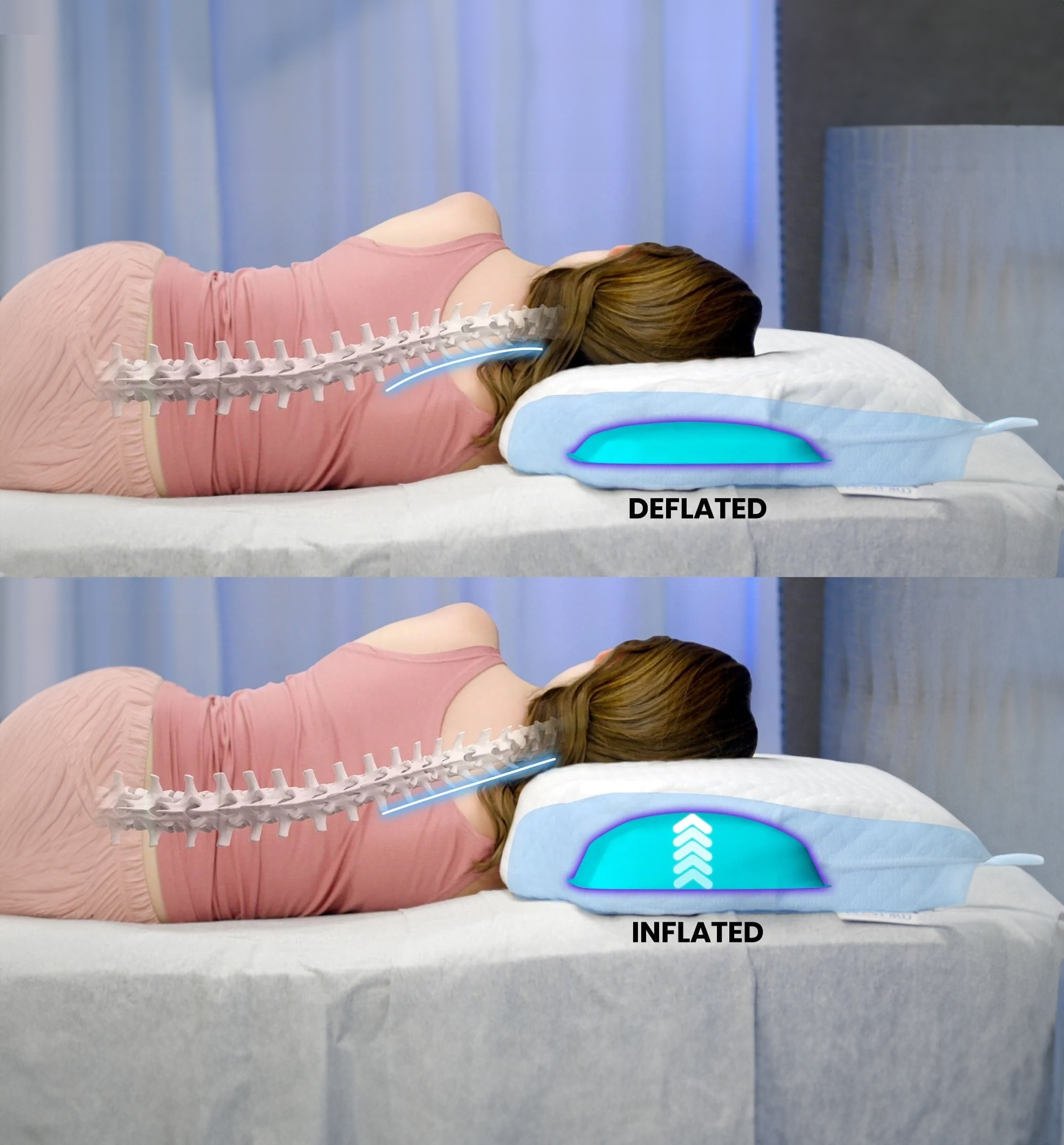 Woman lying on her side with deflated and inflated pillows for spine support.