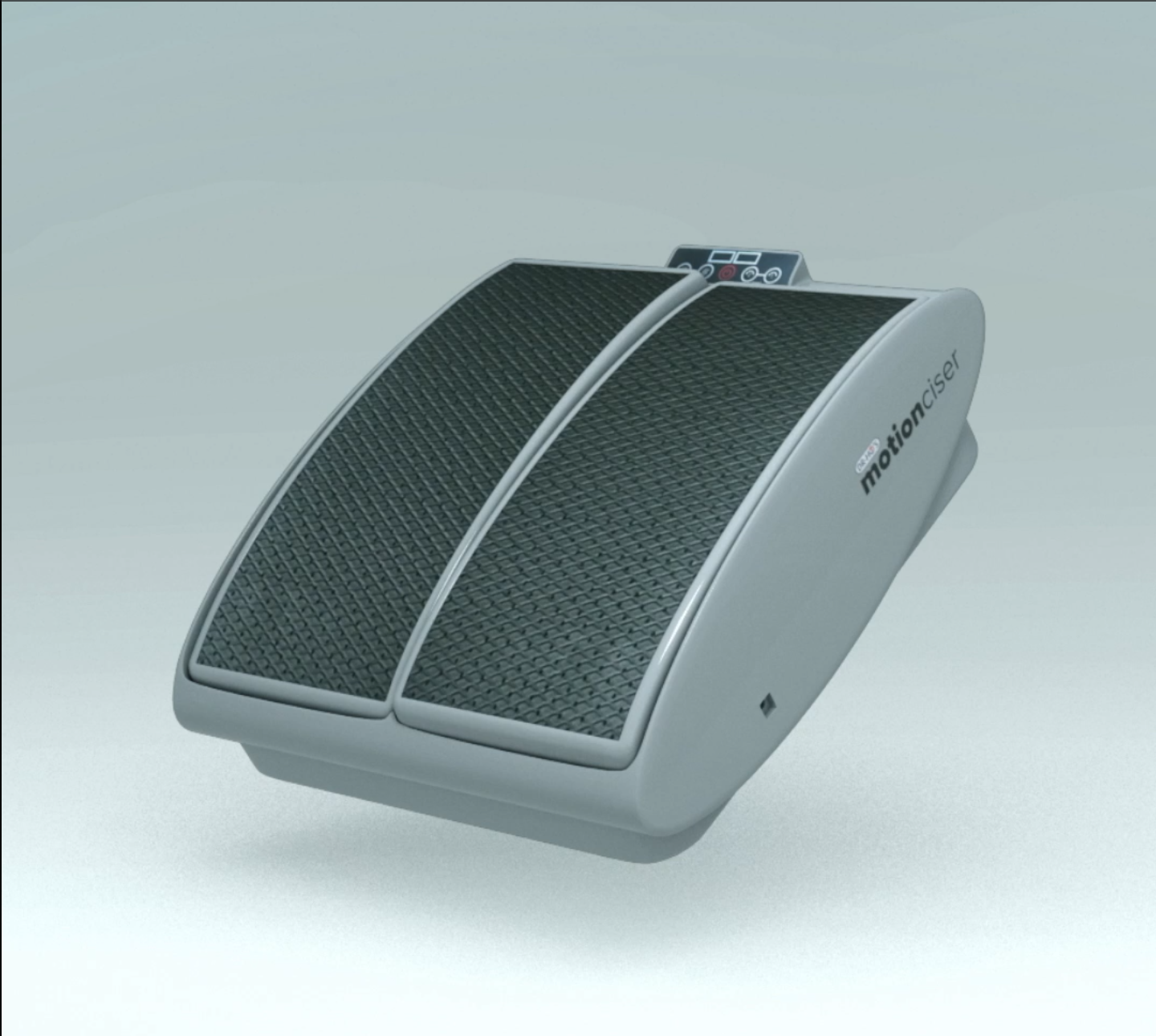 A gray Motionciser seated leg exerciser with black textured foot pads against a light gray background.