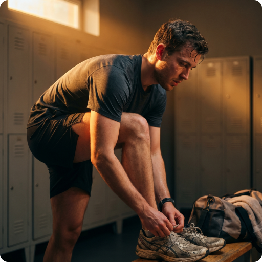 A man in athletic clothing tying his running shoes in a locker room.