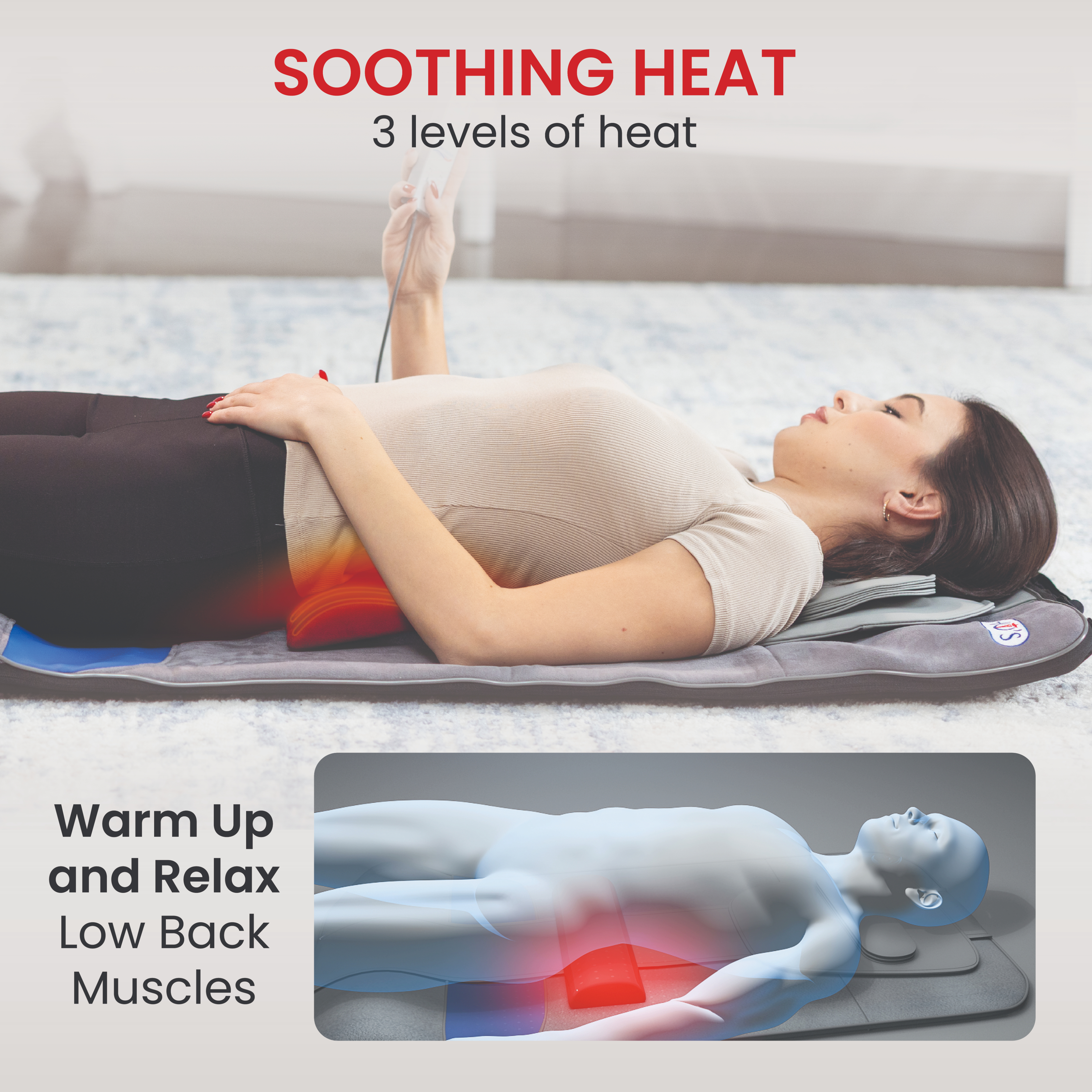 Woman reclining on a heating pad with heat glowing on lower back.