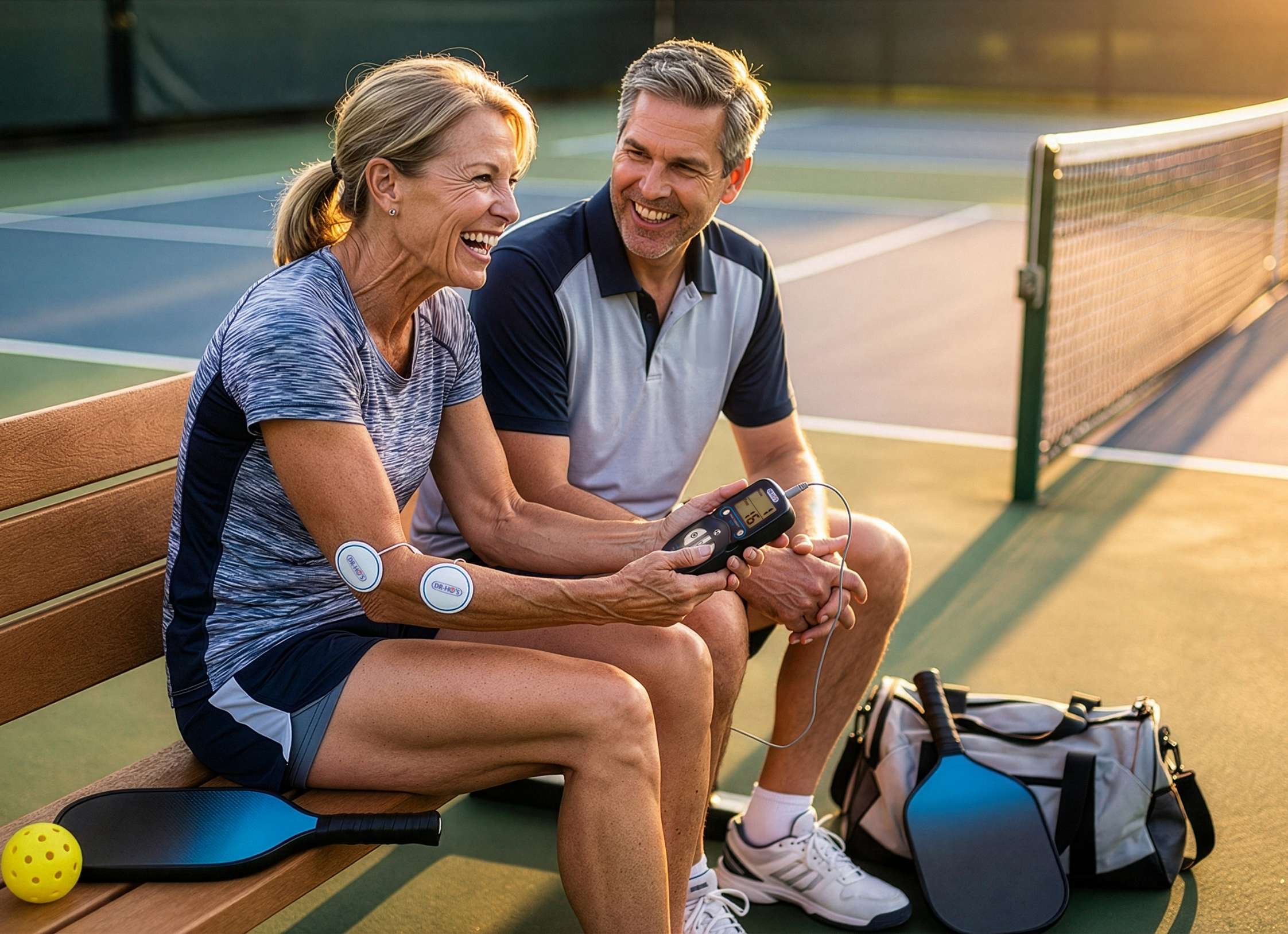 A man and woman laugh on a bench at a pickleball court while using a TENS machine.