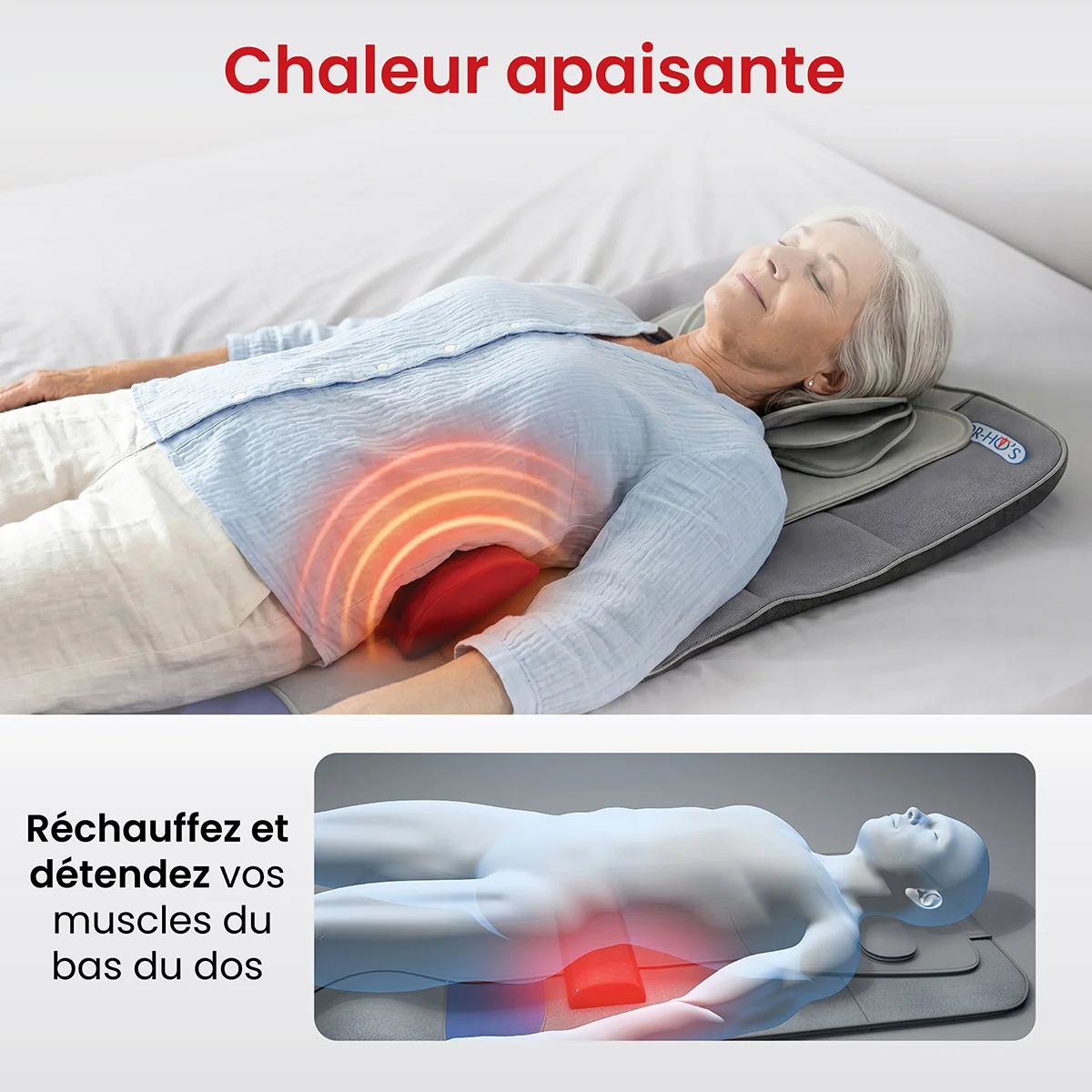 An older woman lies on a massage mat with a red, heated element supporting her lower back.