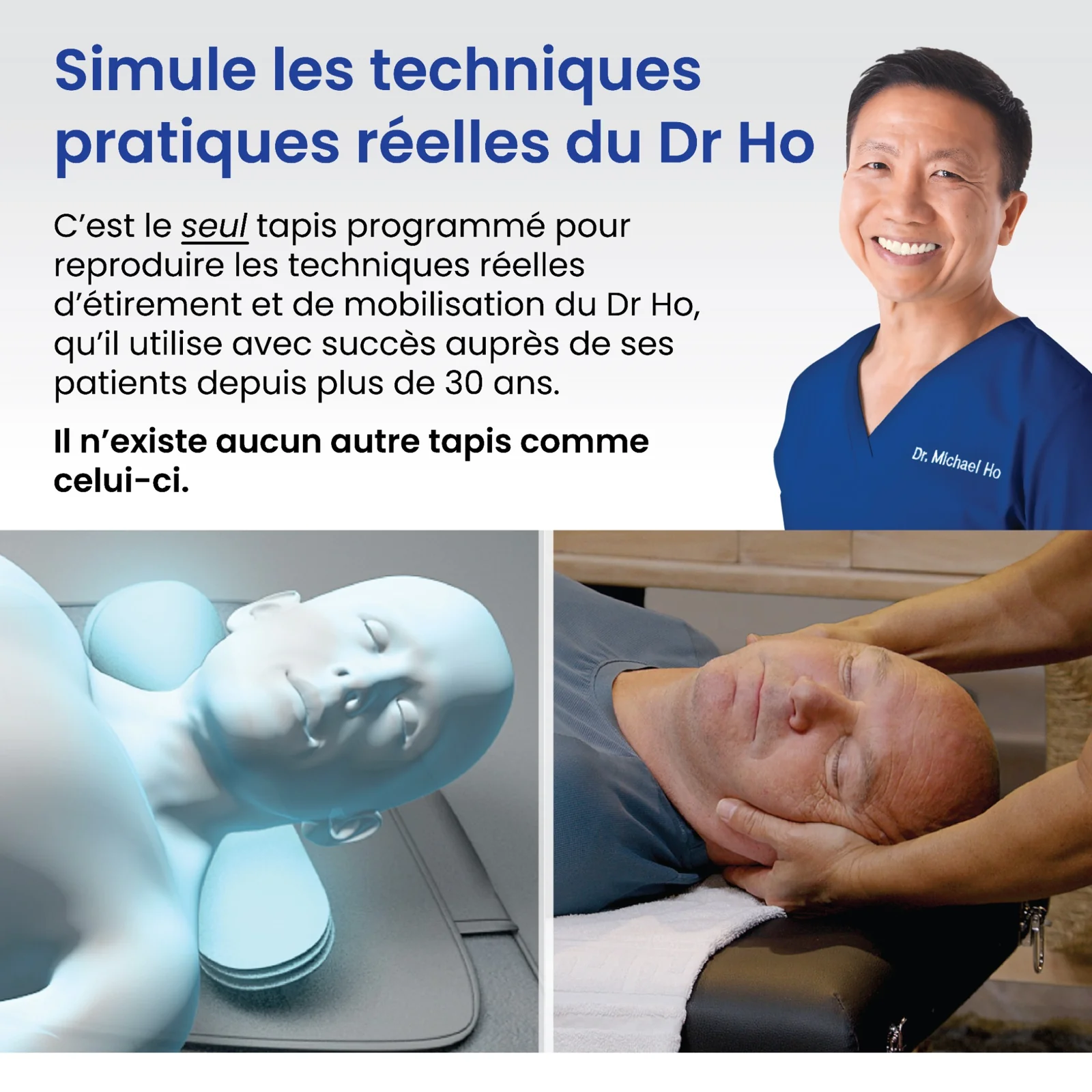 Dr. Ho advertisement comparing an illustration of a neck device to a man receiving manual neck therapy.