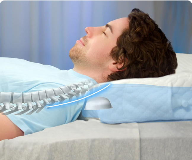 Man sleeping on a pillow with a spine illustration highlighting support.