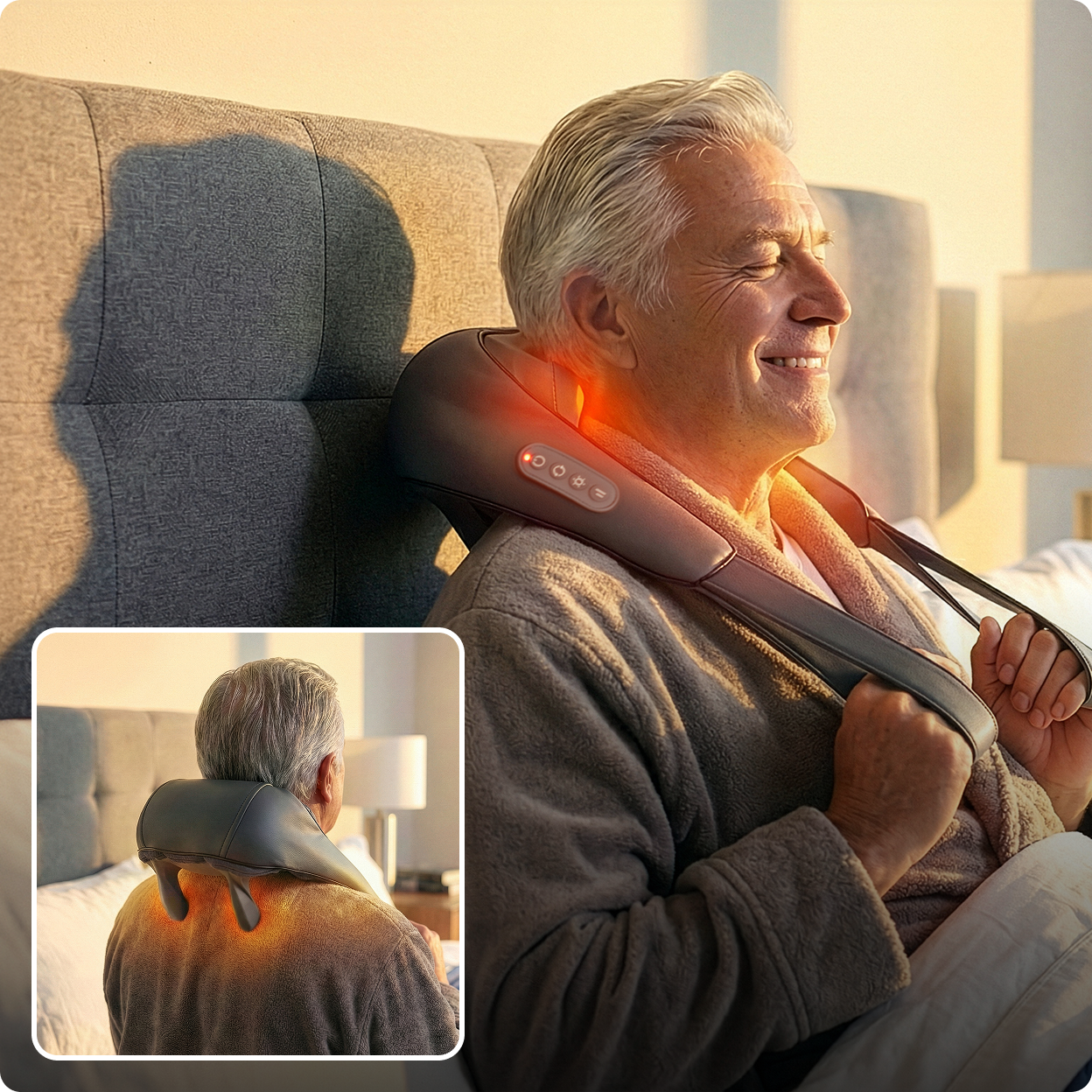 An older man with grey hair smiles while using a heated neck massager in bed.