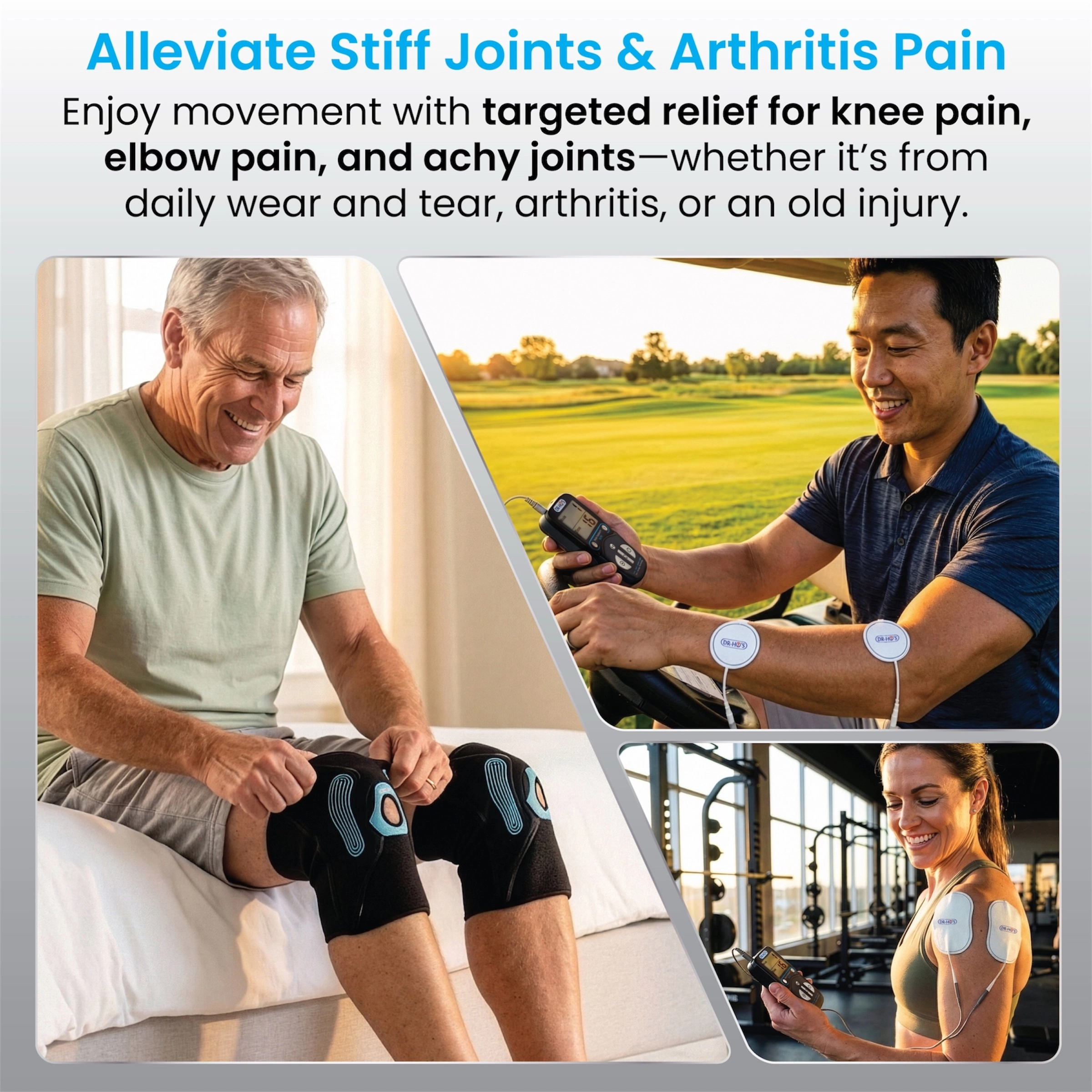 A collage showing people using pain relief products like knee braces and electronic muscle stimulators on various joints.
