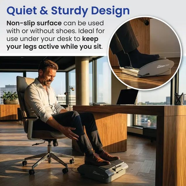 A man in an office uses a leg exerciser under his desk, with an inset showing socked feet.