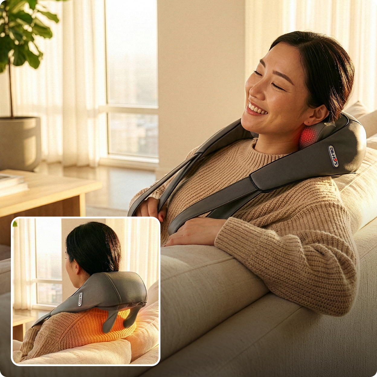A smiling woman relaxes on a couch with a heated neck massager, shown in two views.