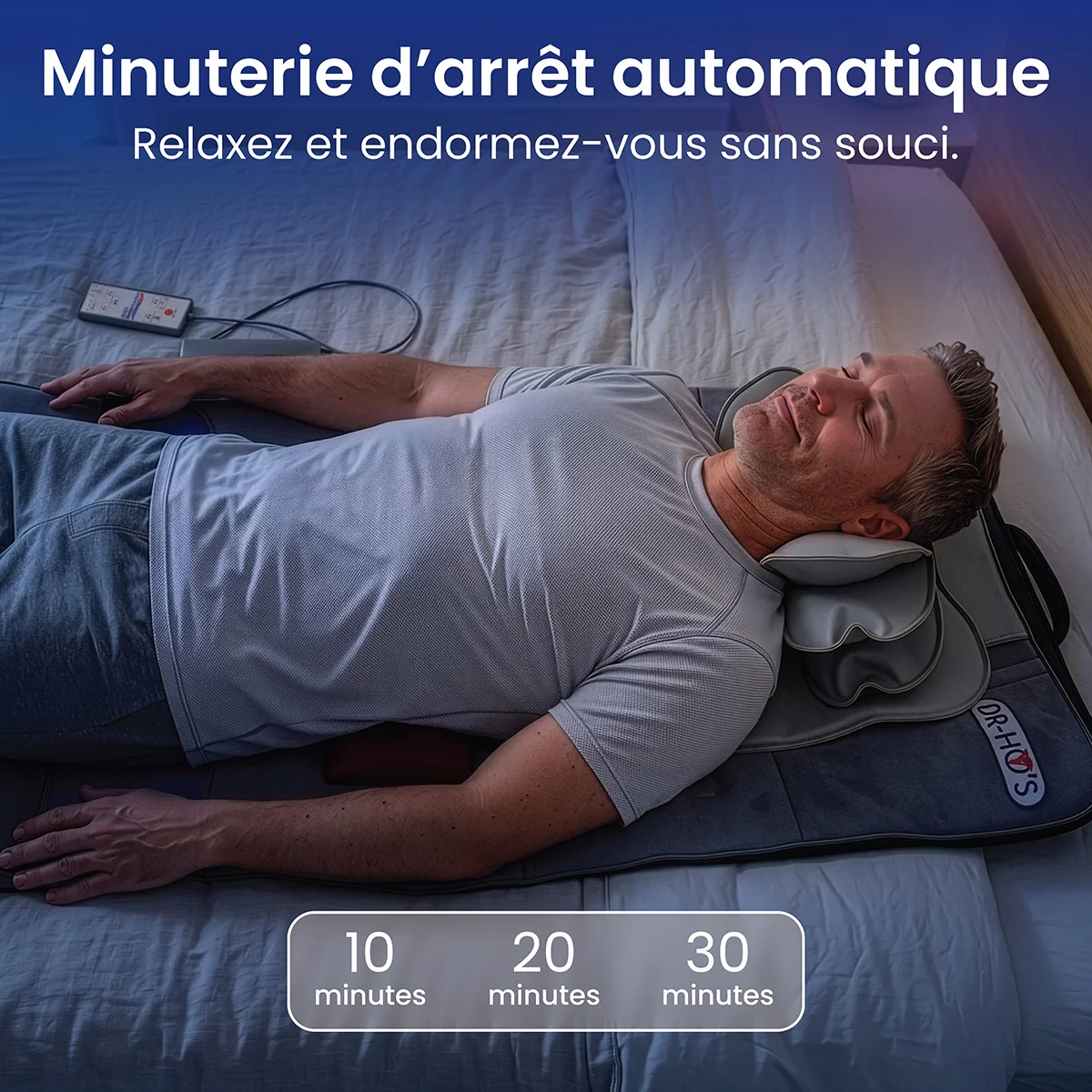A man lies on a bed, relaxing with his eyes closed on a DR-HO'S massage mat.