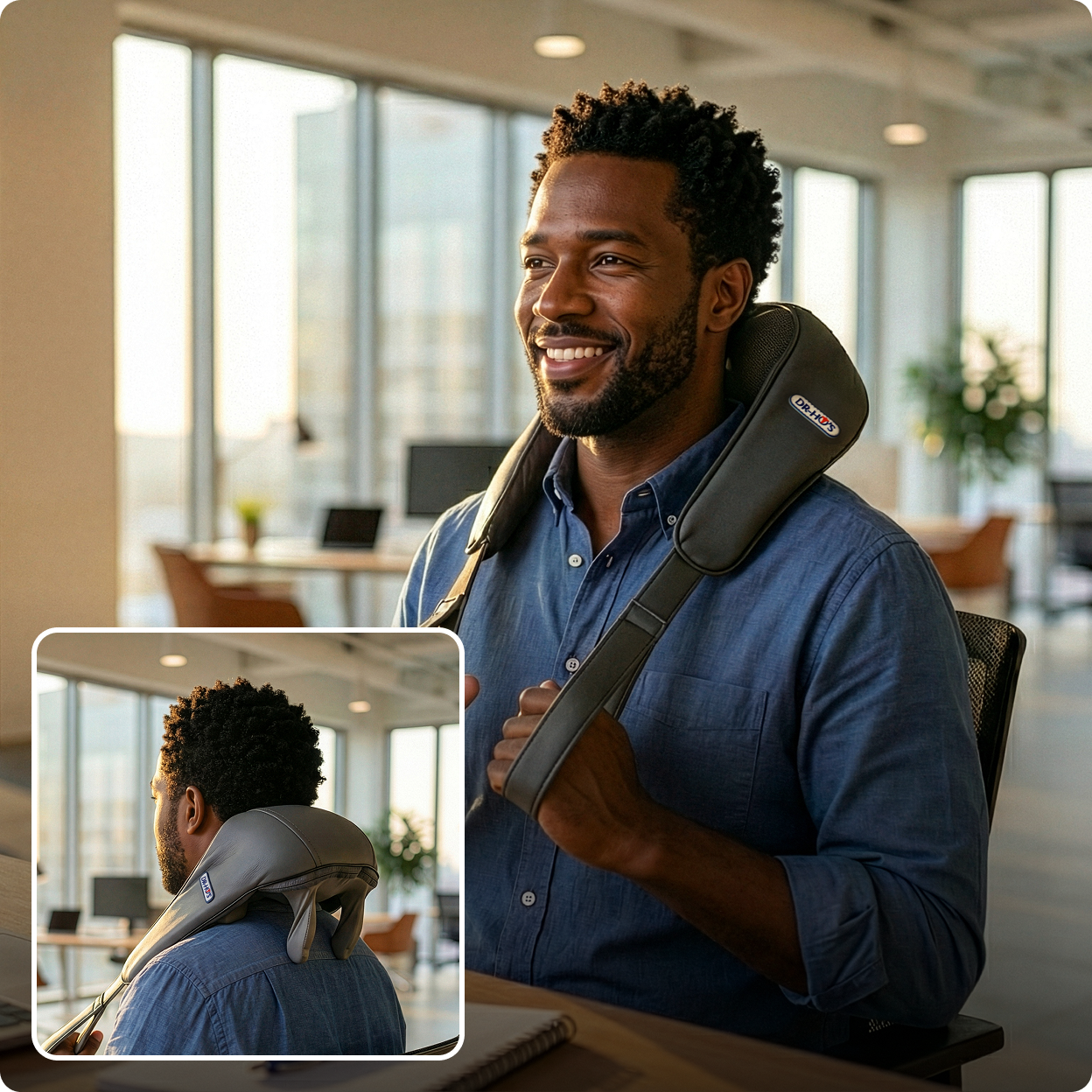 A smiling man in a blue shirt sits in an office wearing a grey neck and shoulder massager.