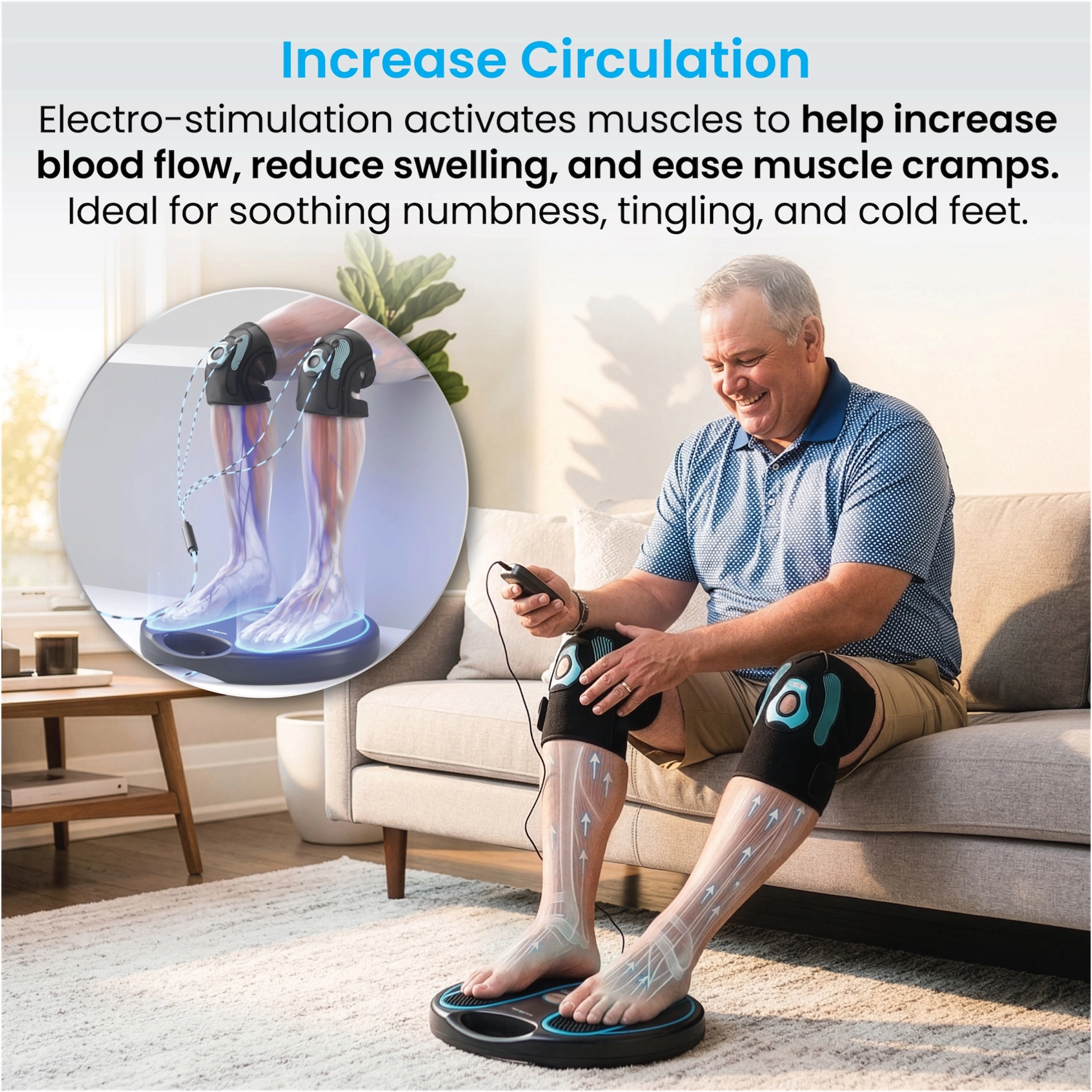 A man sits on a couch using an electro-stimulation machine on his feet and knees.