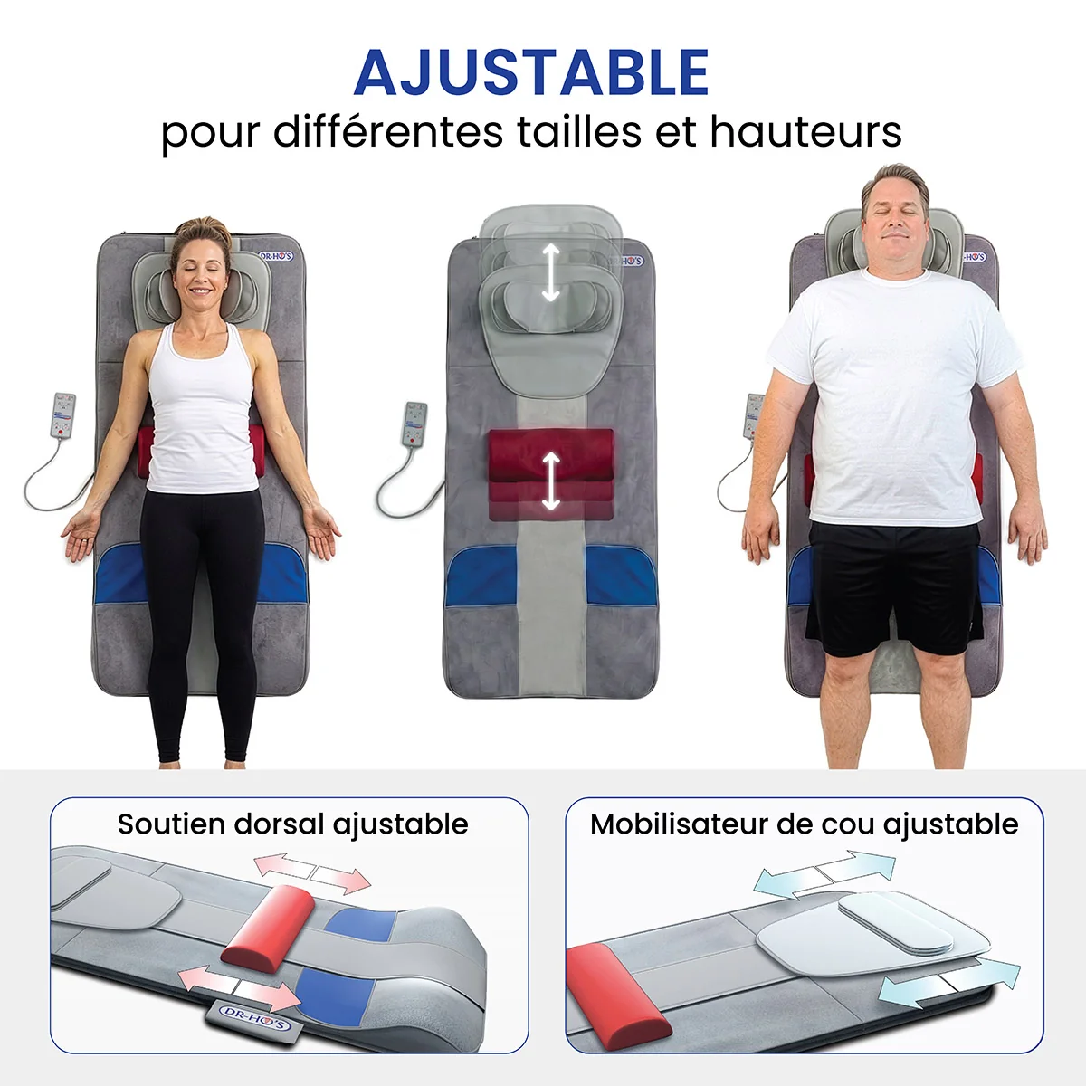 A promotional image demonstrating the adjustable features of a full-body massage mat with a man and a woman.