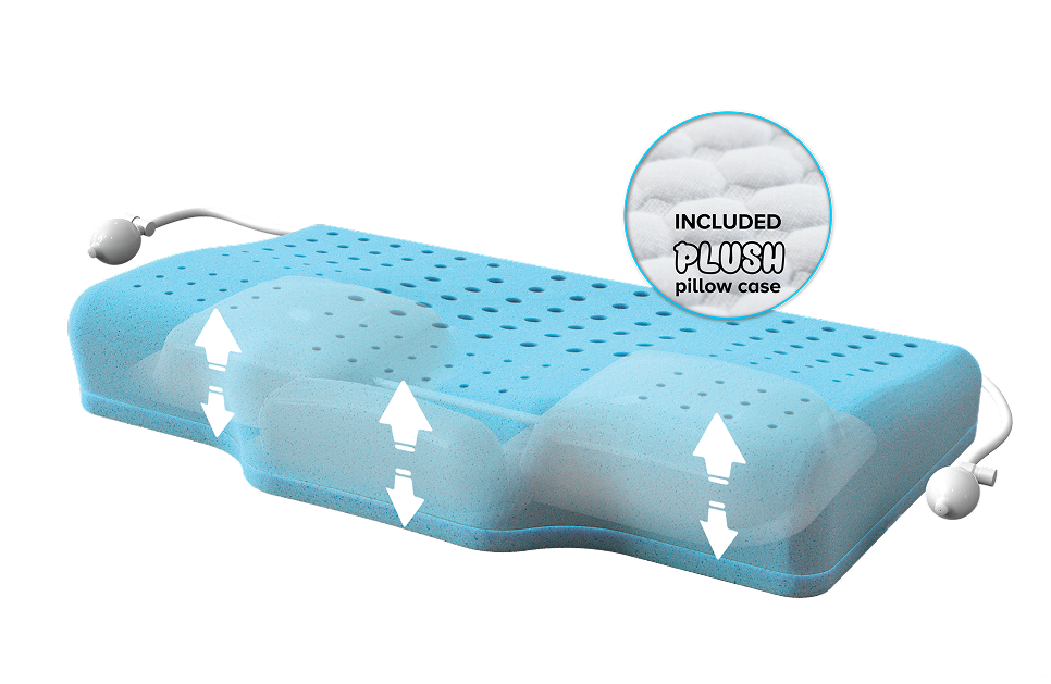 Memory foam pillow with ventilation holes and arrows indicating airflow, includes a plush pillowcase.