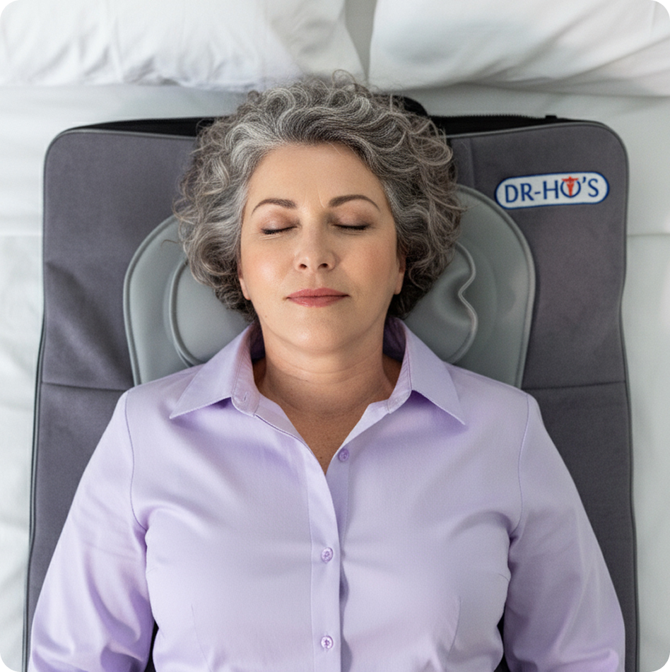 Person lying on a neck massager pillow on a chair.