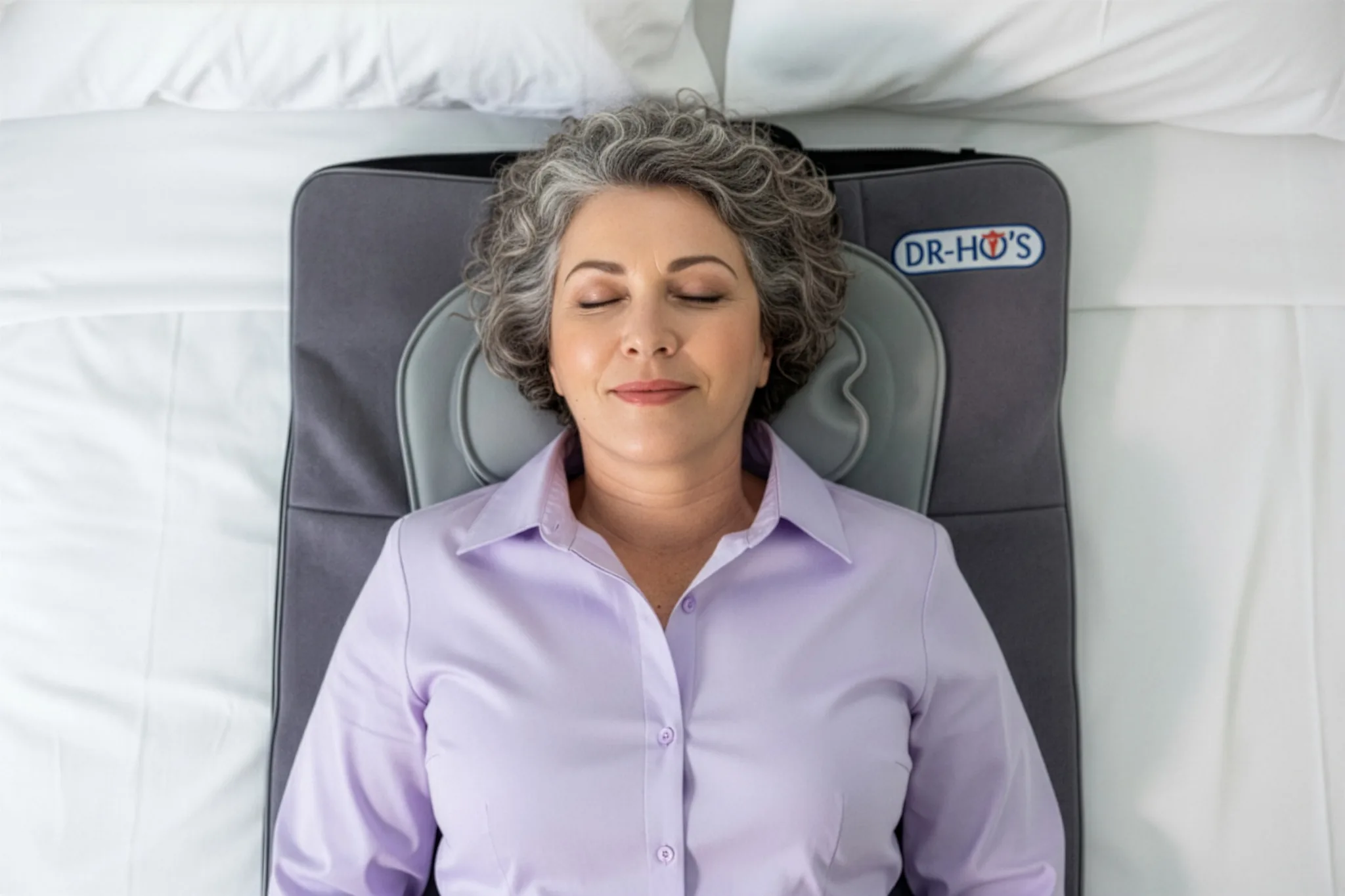 An overhead shot of a woman with her eyes closed, relaxing on a DR-HO'S mat on a bed.