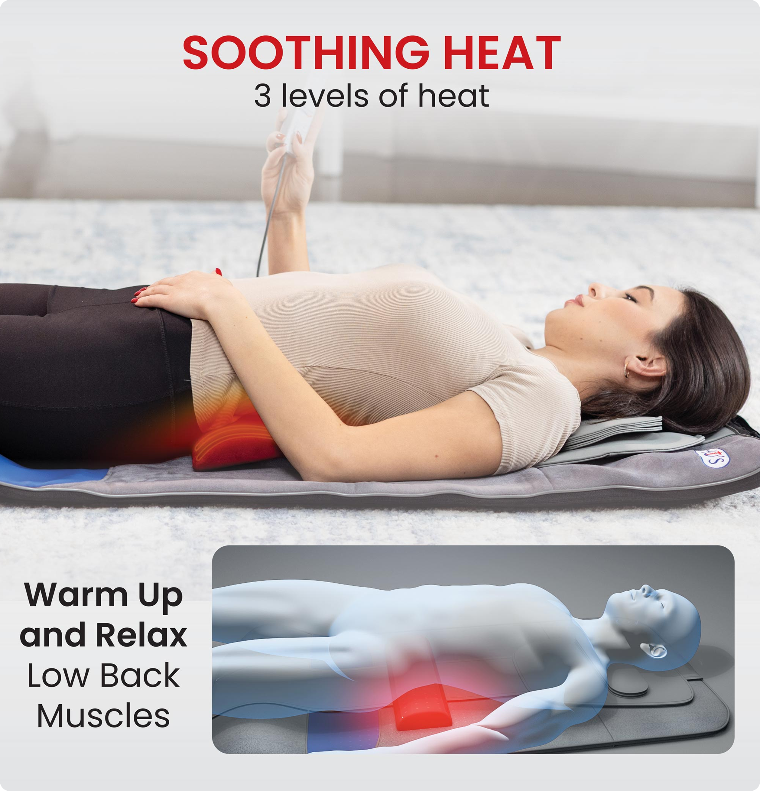 Person lying on a heating pad, text about soothing heat and muscle relaxation.