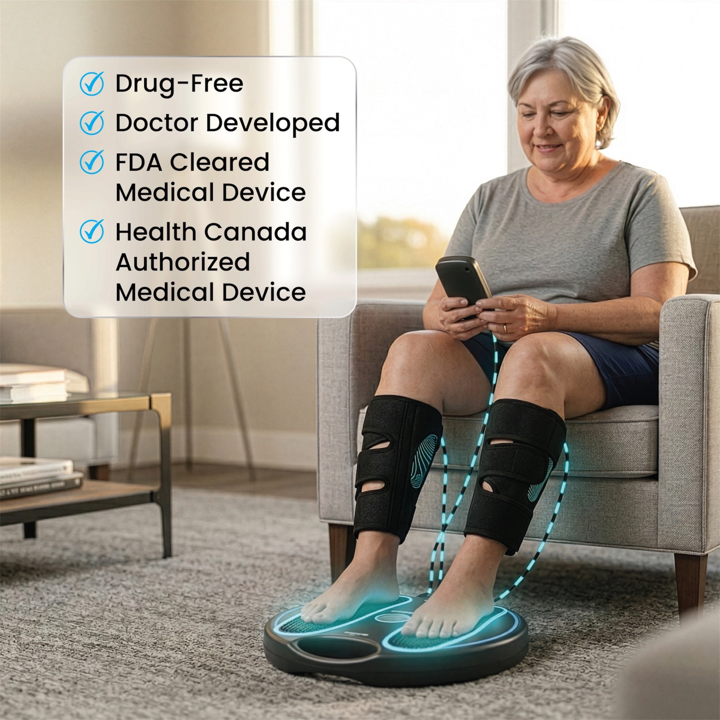A woman sits in a chair using a circulation device with a glowing footpad and leg wraps.