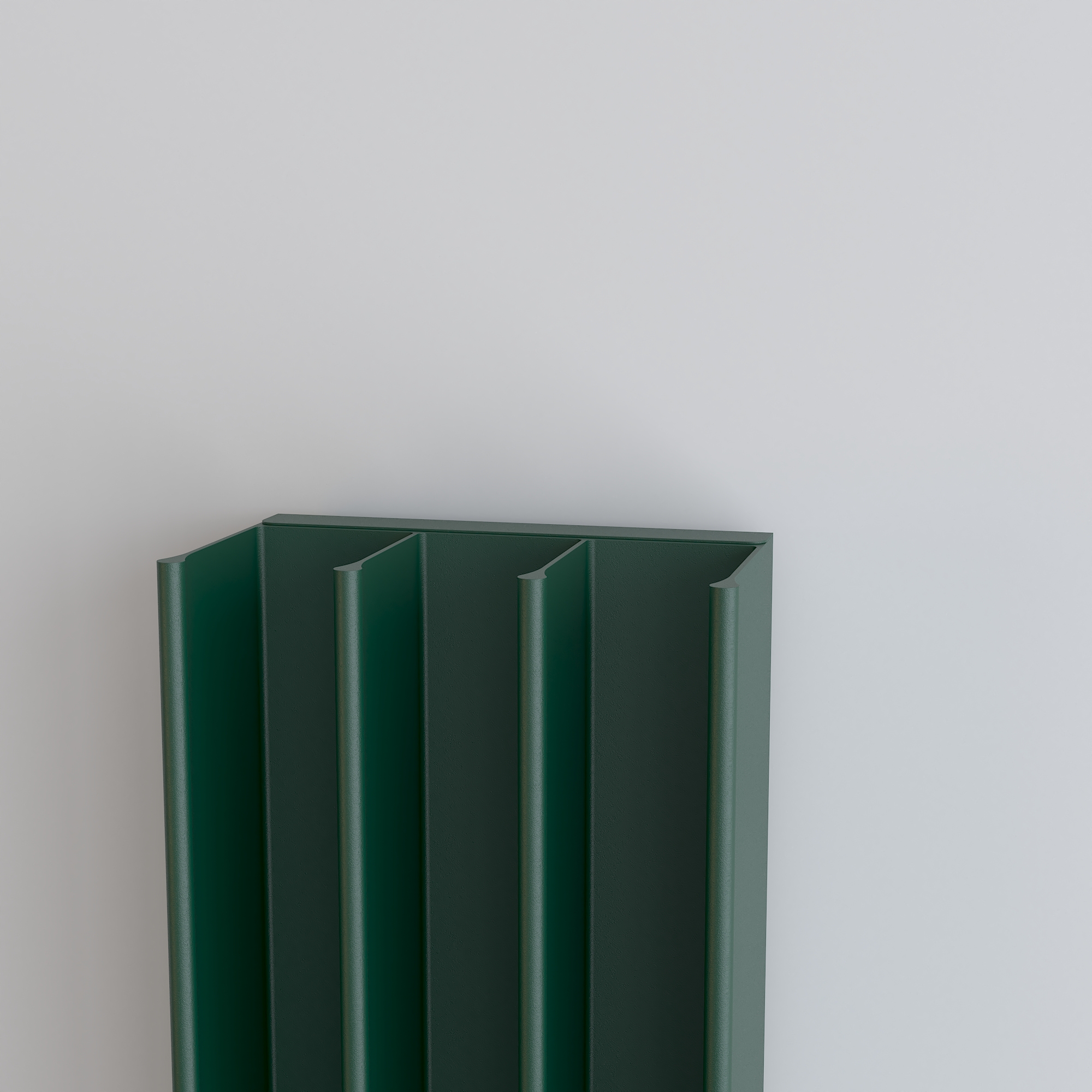 Green, vertical, corrugated metal structure against a plain background.