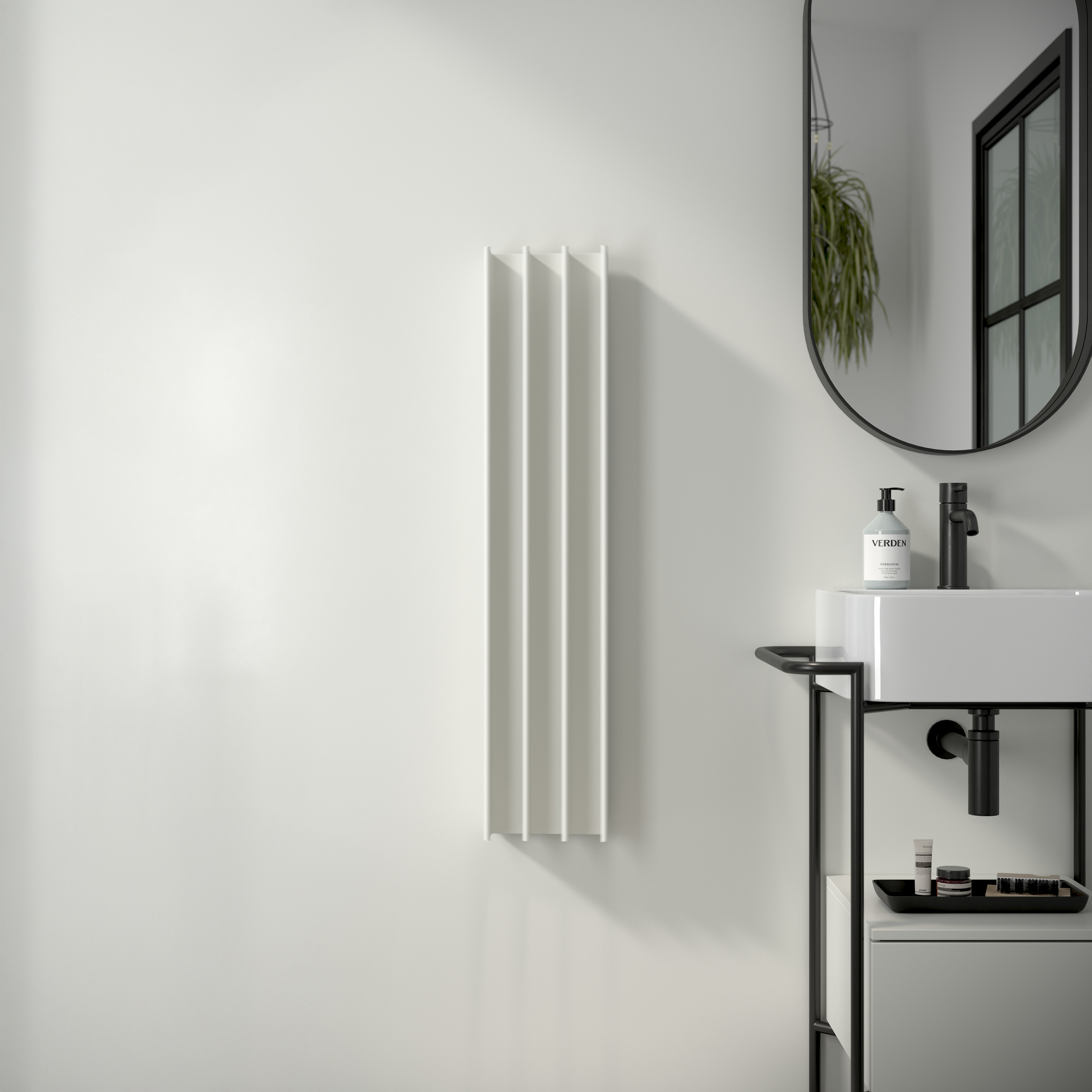 Minimalist bathroom with a white radiator, sink, and mirror.
