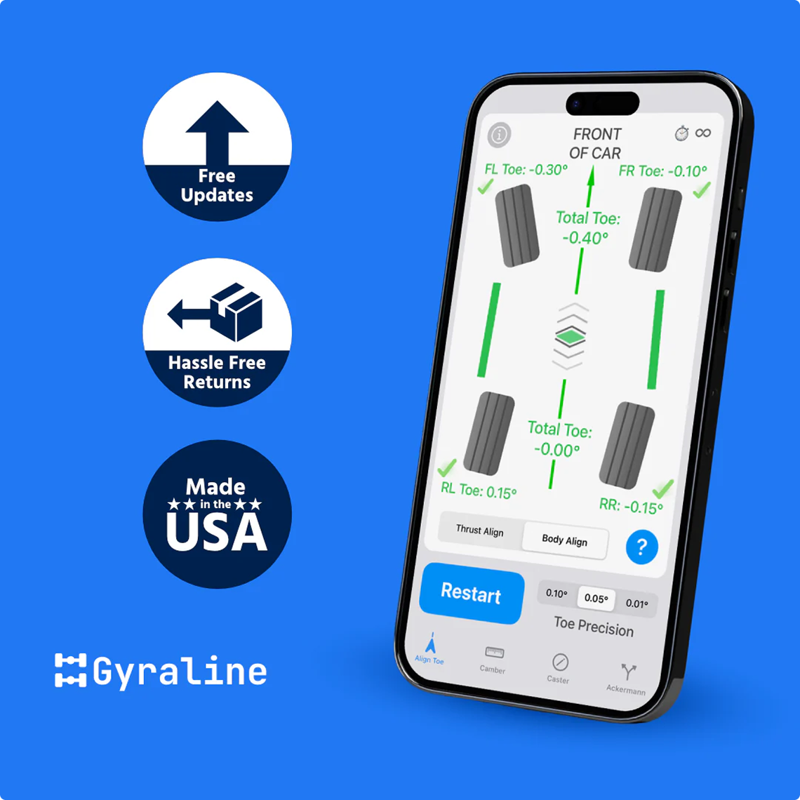 Smartphone displaying car alignment app with features listed: free updates, hassle-free returns, made in USA.